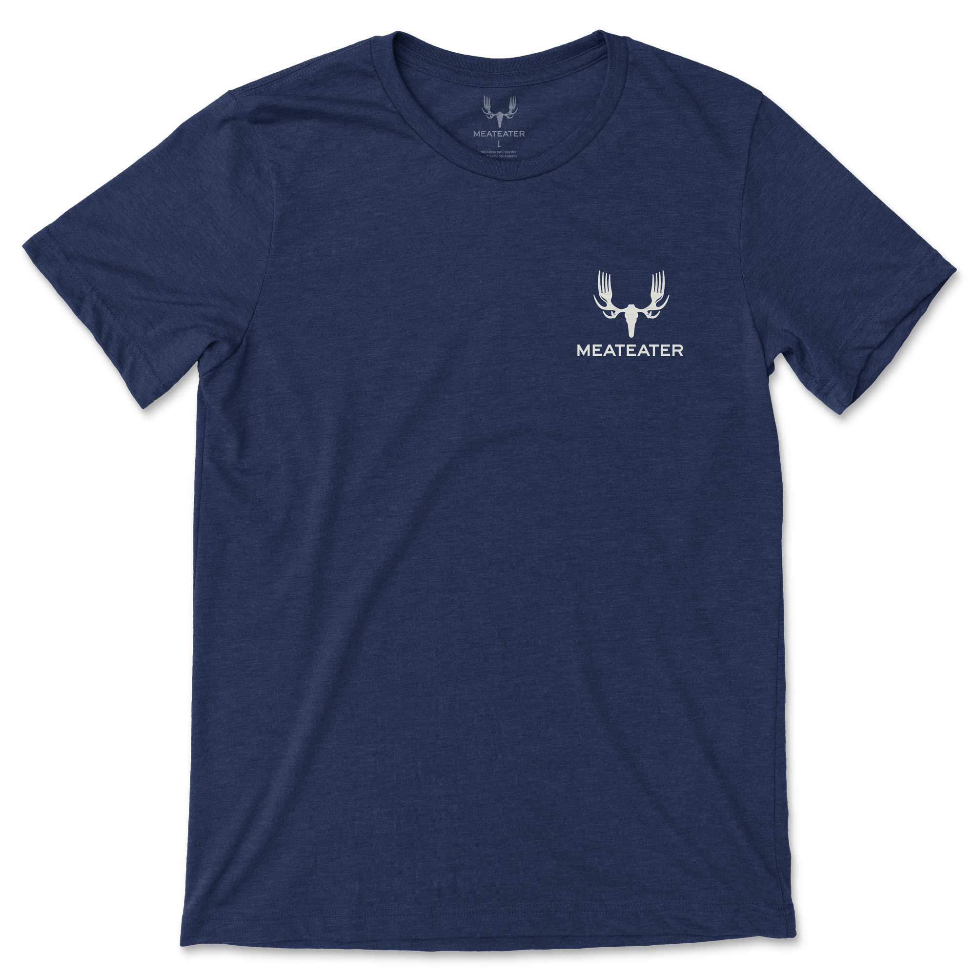 Navy blue t-shirt with white "MEATEATER" antler-fork logo on the left chest.