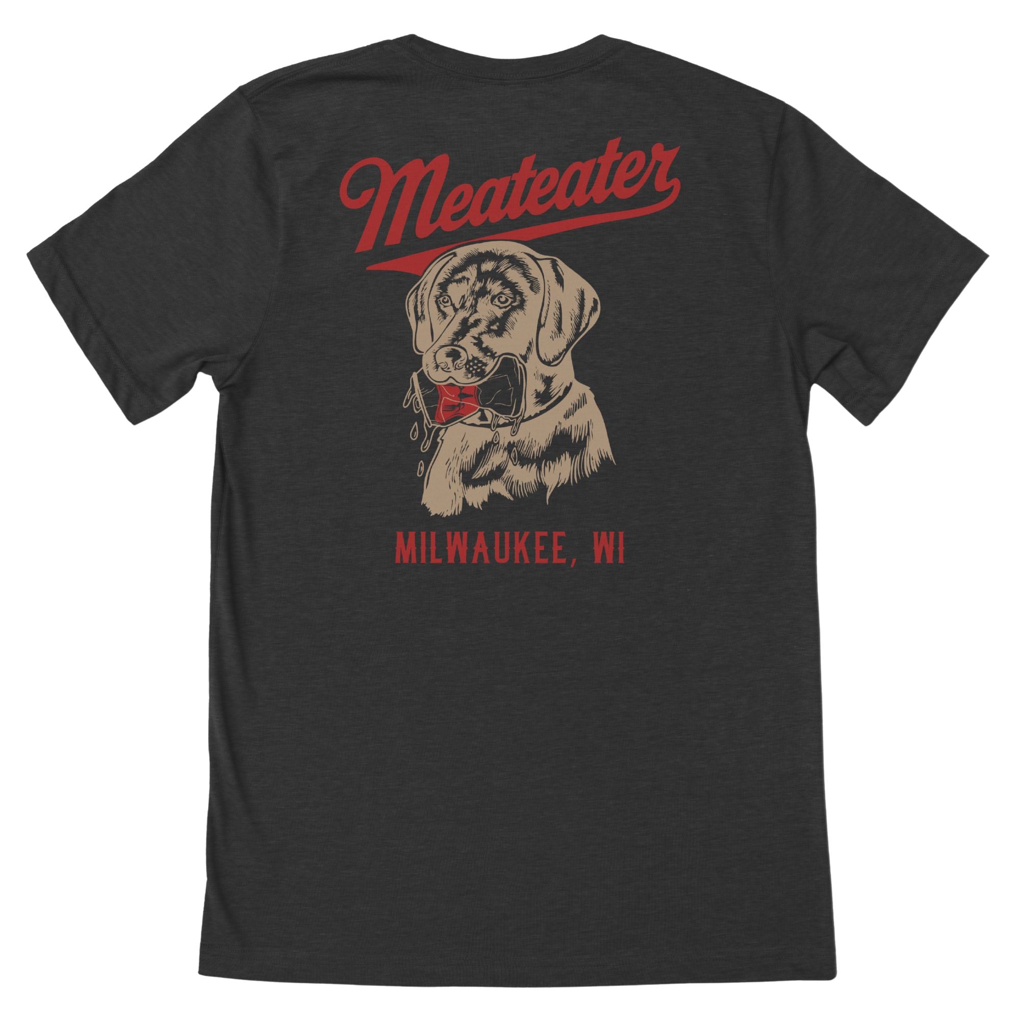Gray t-shirt featuring "MEATEATER" and a dog with a can in his mouth 