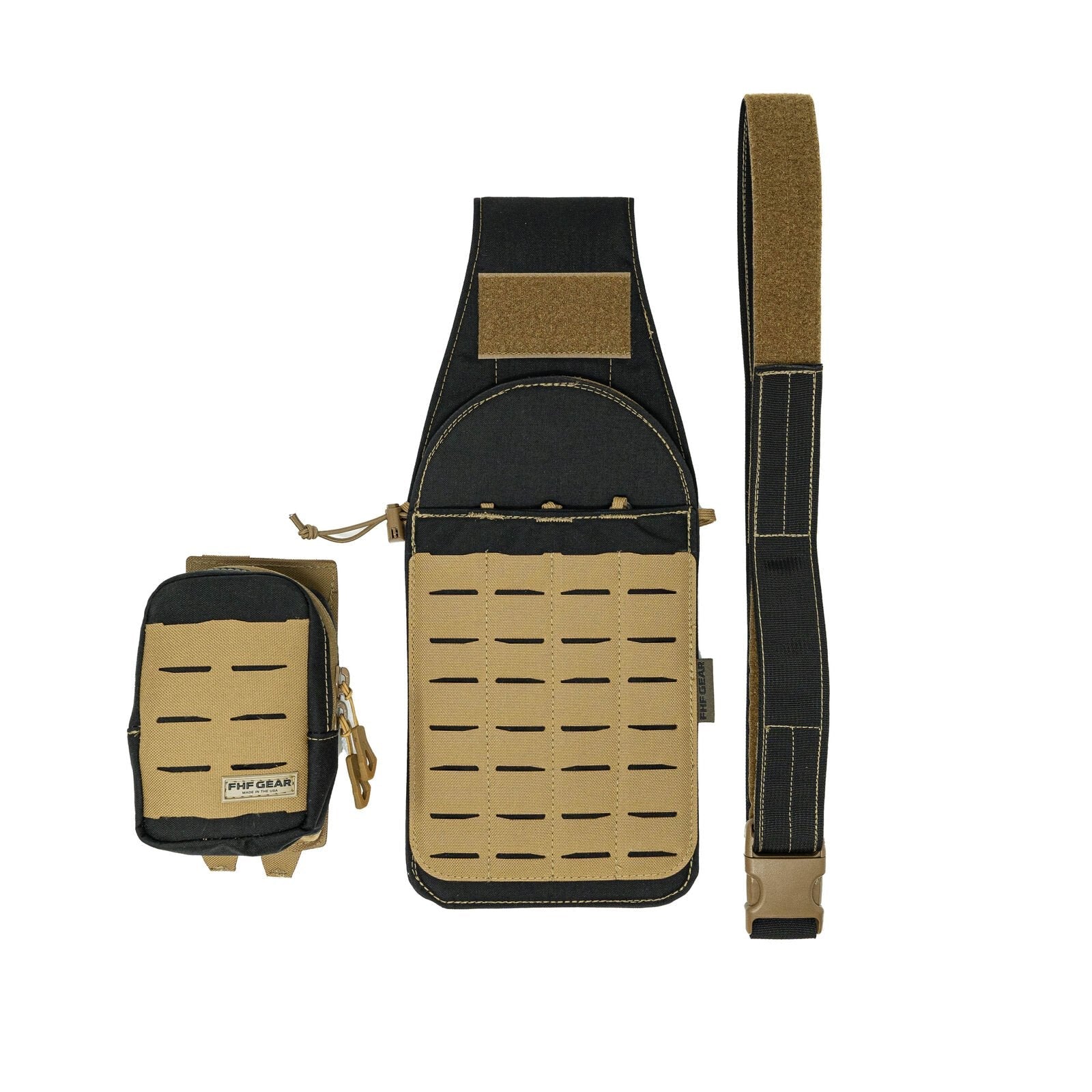 Black and tan modular tactical harness with laser-cut MOLLE, pouch, and buckle strap.