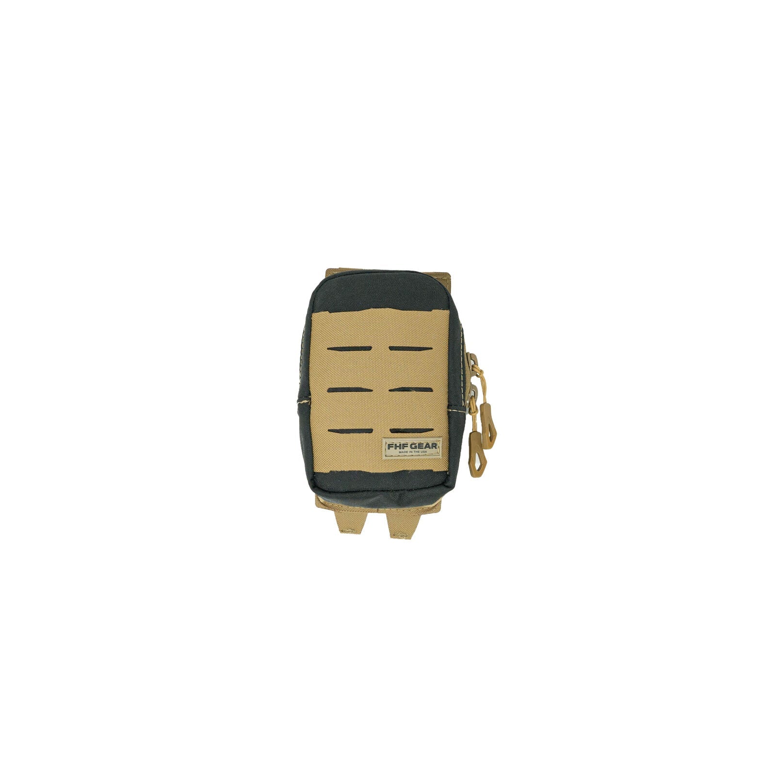 Coyote and charcoal FHF GEAR tactical pouch with laser-cut slots and zipper.