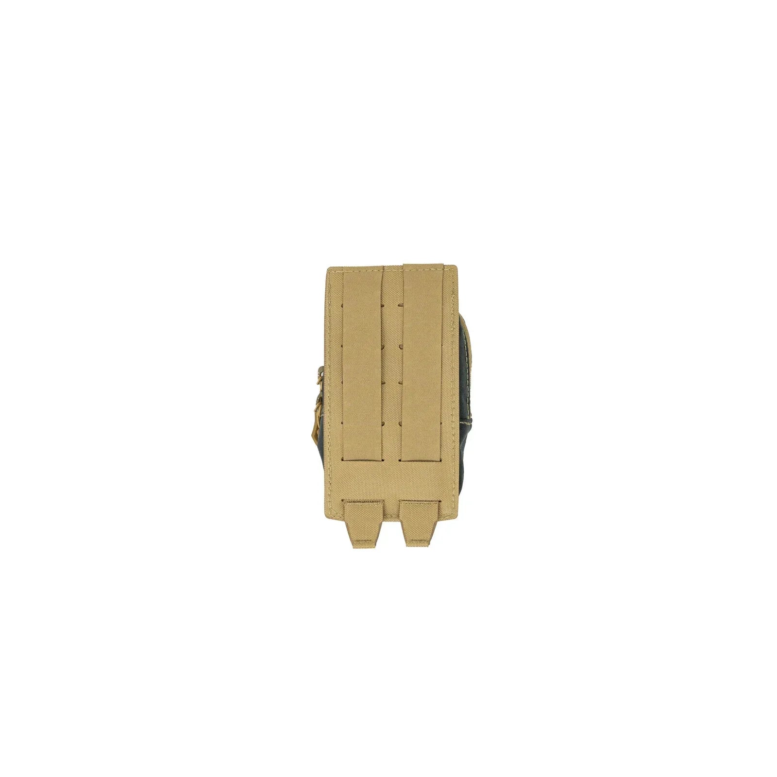 Tan MOLLE pouch with front webbing, bottom attachment tabs, and side zipper.