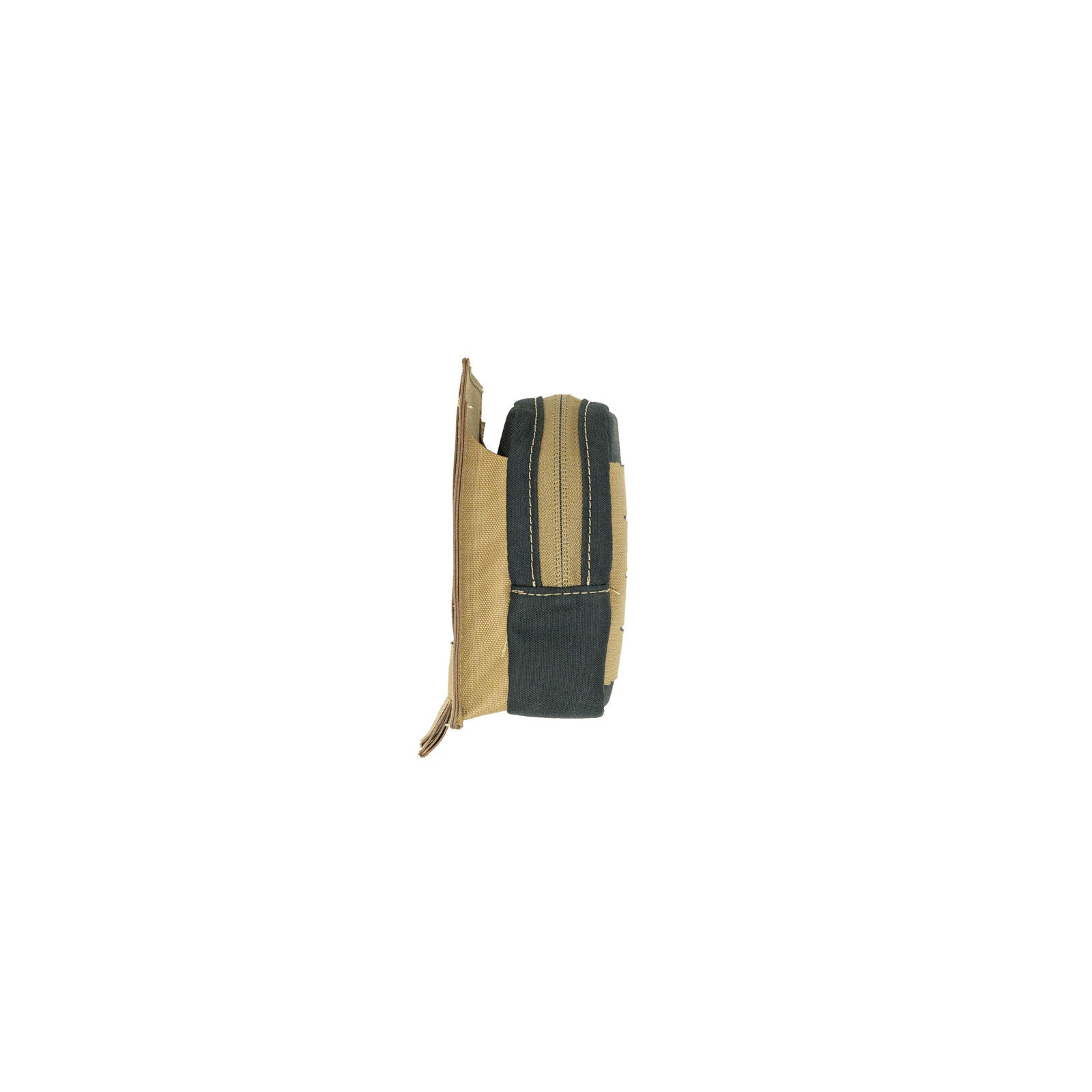 Tan and charcoal gray utility pouch with a zipper, side view.