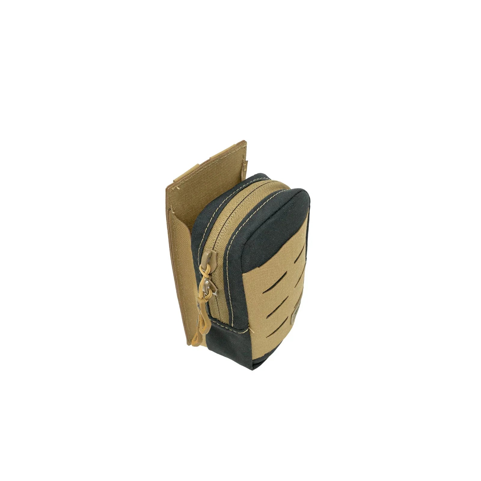 Coyote and black tactical pouch with a zipper and slotted front.