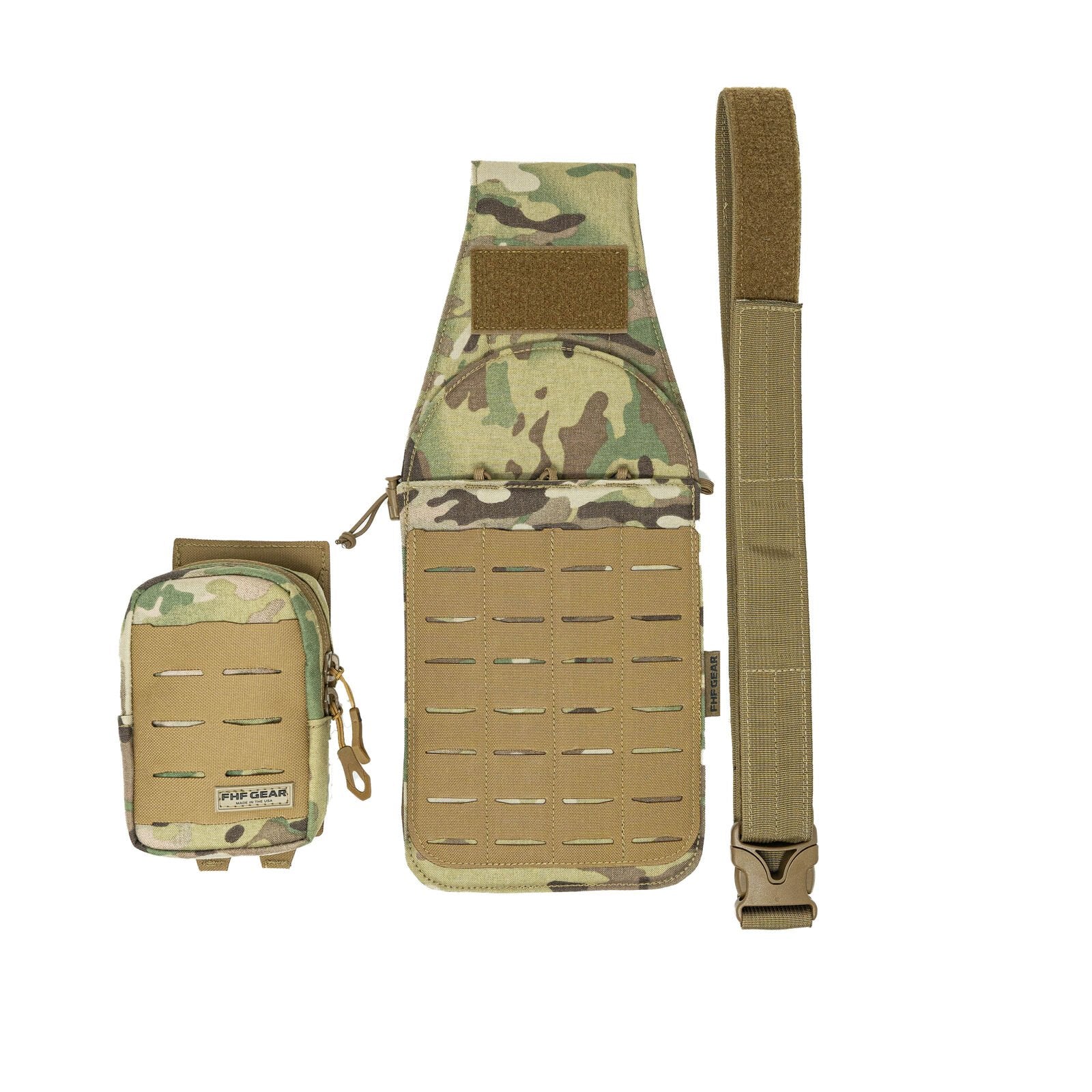 Multicam tactical pouches with coyote laser-cut MOLLE panels and matching strap with buckle.
