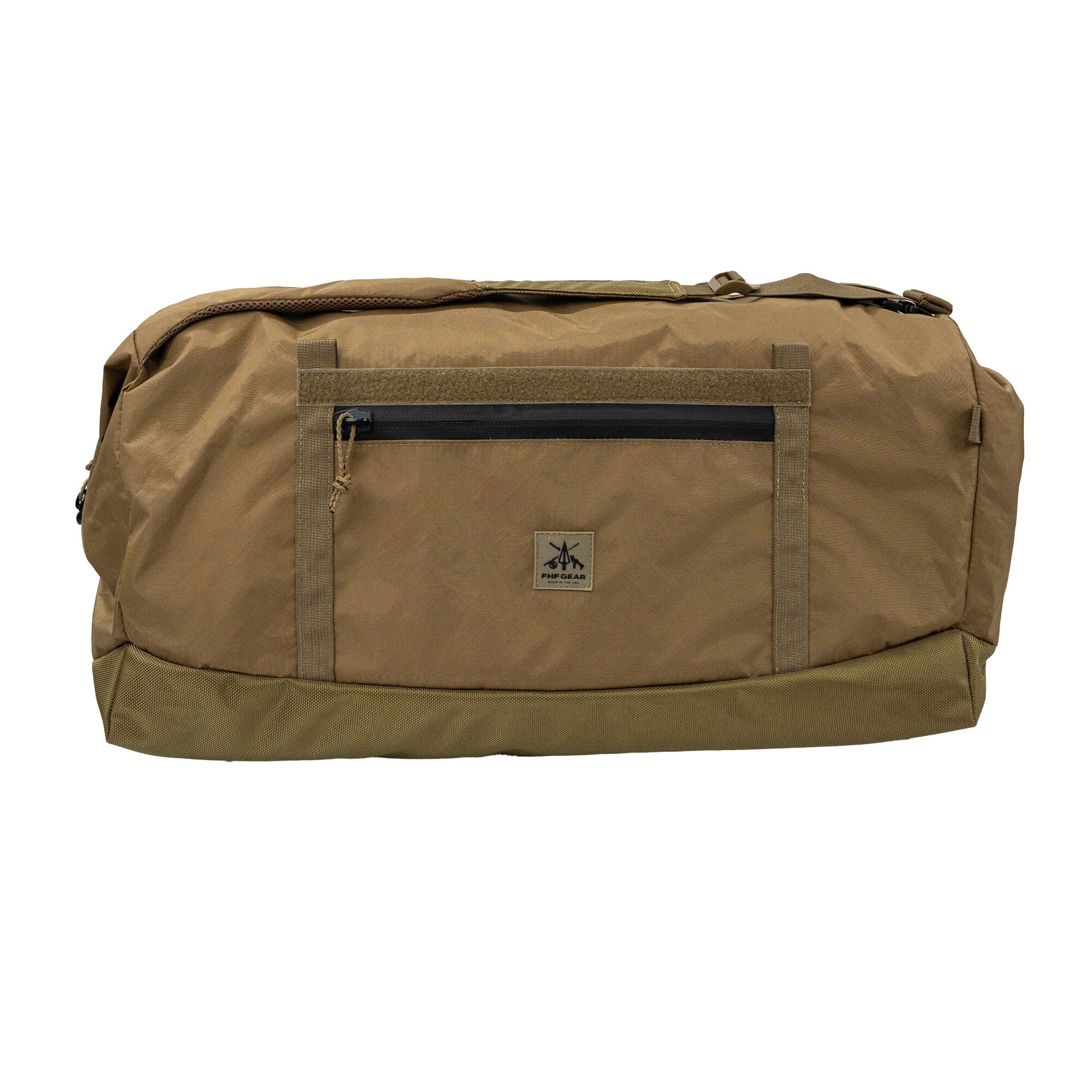 Coyote tactical duffle bag with front zipper pocket, velcro panel, and FHF GEAR logo.