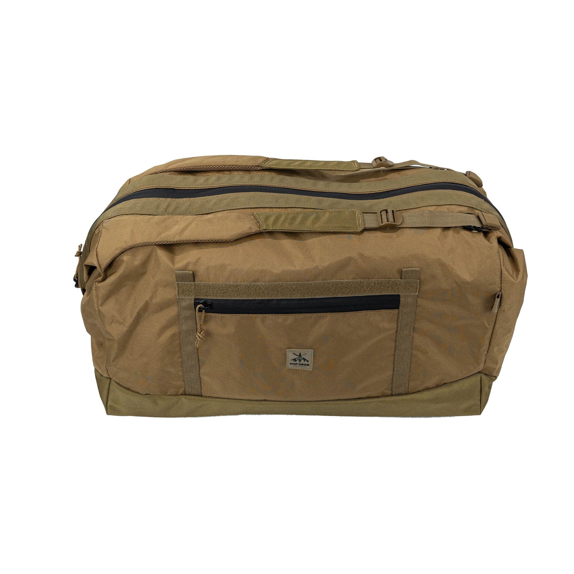 Coyote brown duffel bag with black zippers, front pocket, and FHF Gear logo.