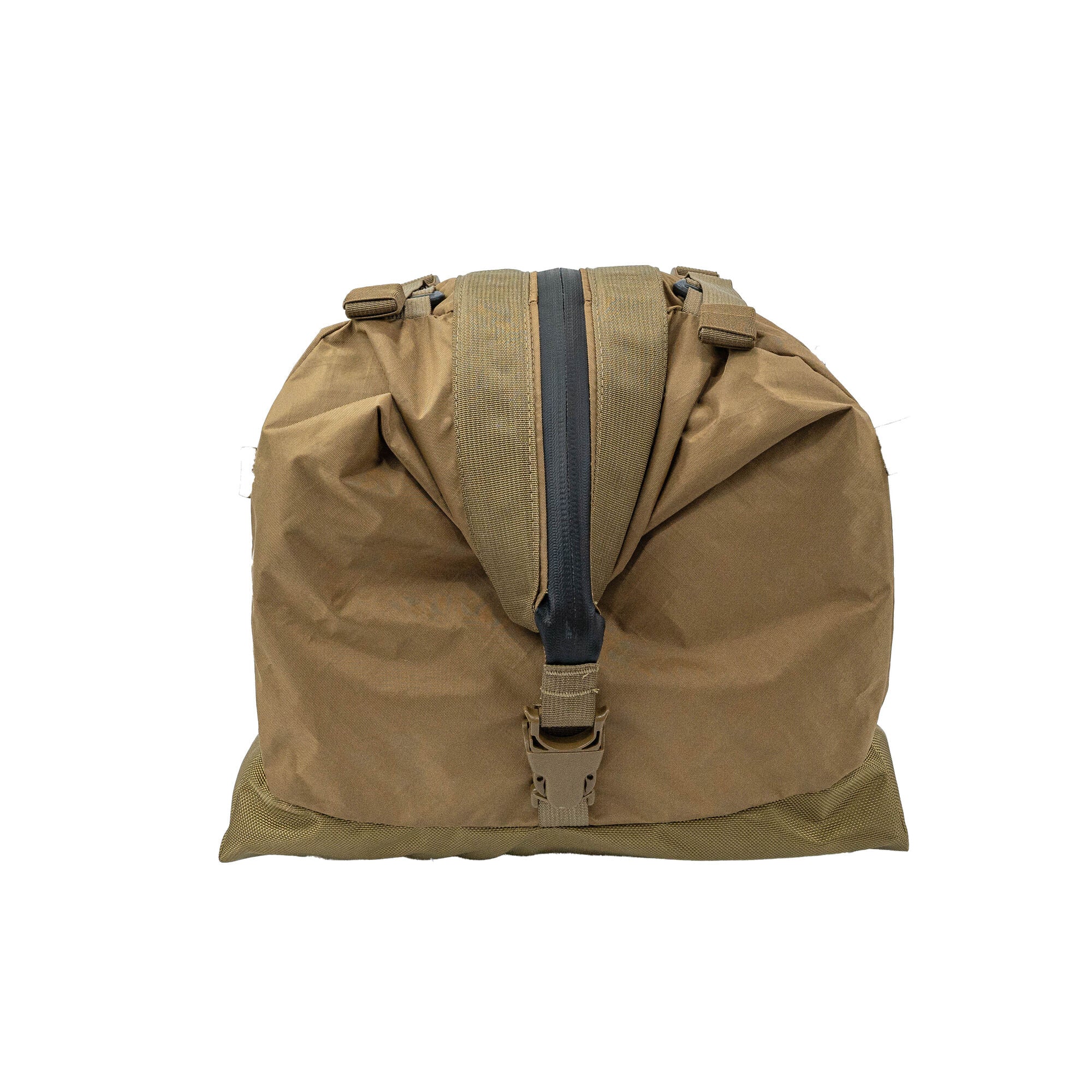 Coyote brown roll-top bag with dark central strip, front buckle, and top straps.