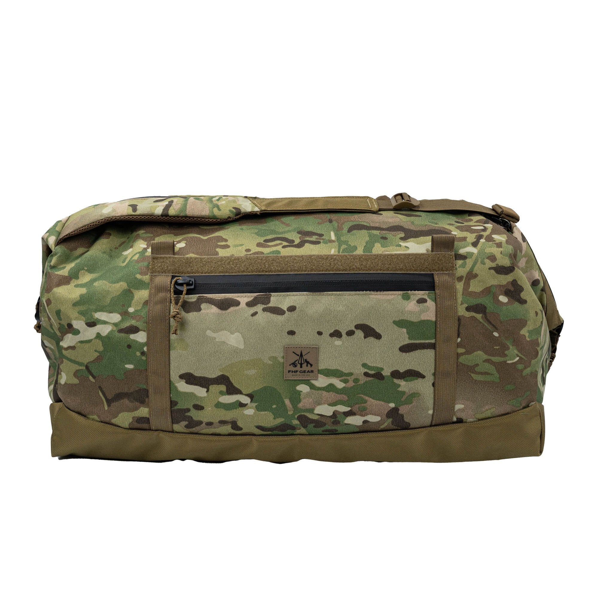 Multicam duffel bag with roll-top closure, front zip pocket, and FHF Gear logo patch.