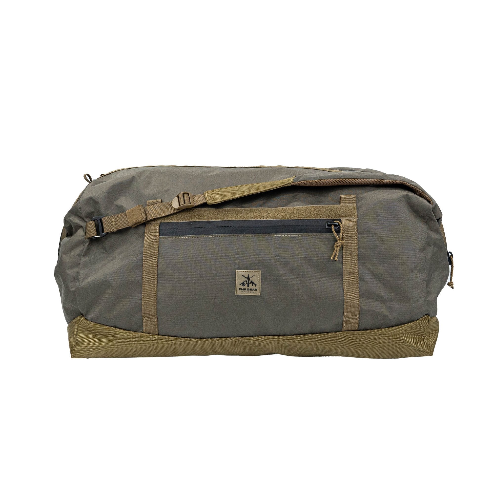 Olive/tan duffel bag with adjustable strap, front zip pocket, and brand patch.