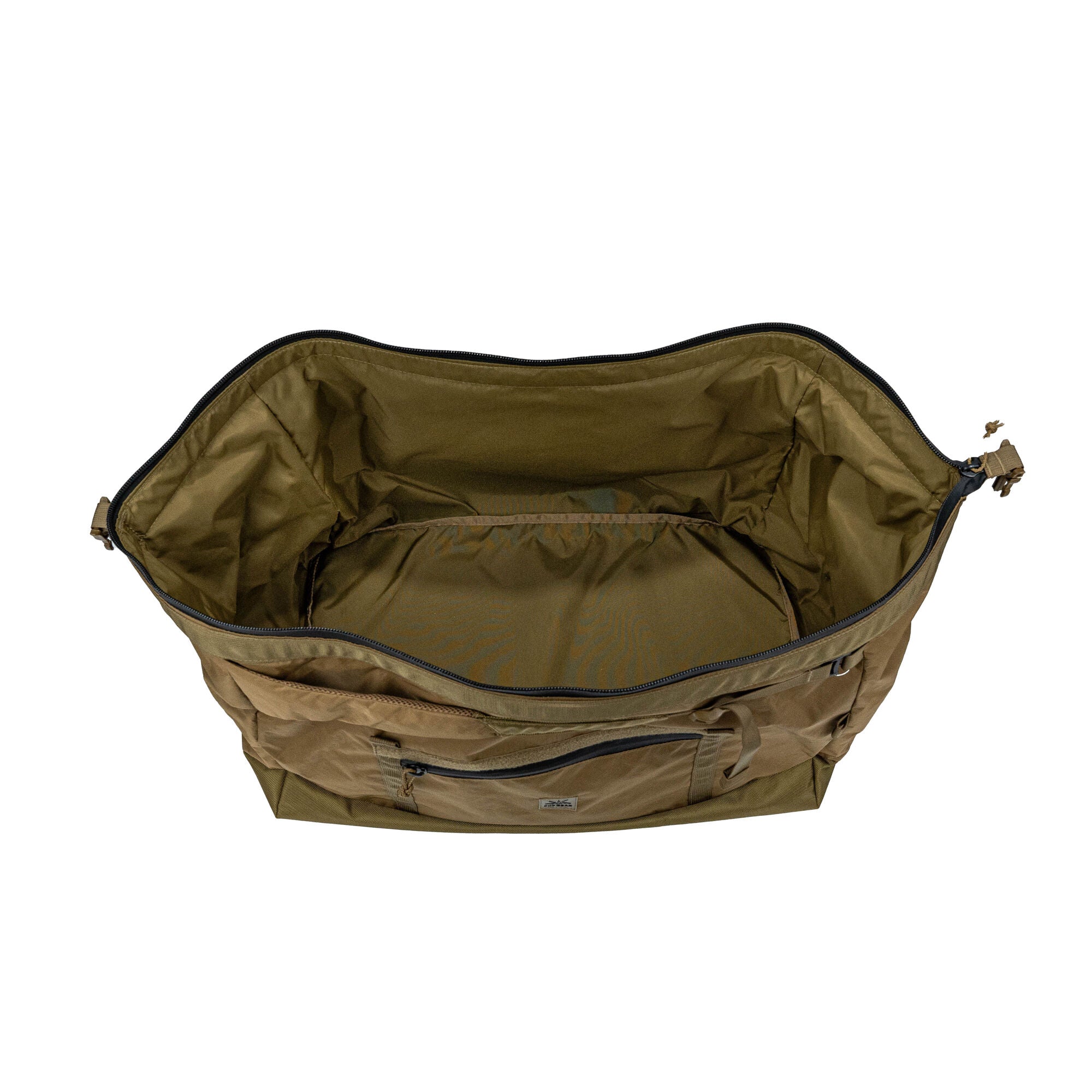 Open olive green duffel bag with black zippers, showing spacious interior and pockets.