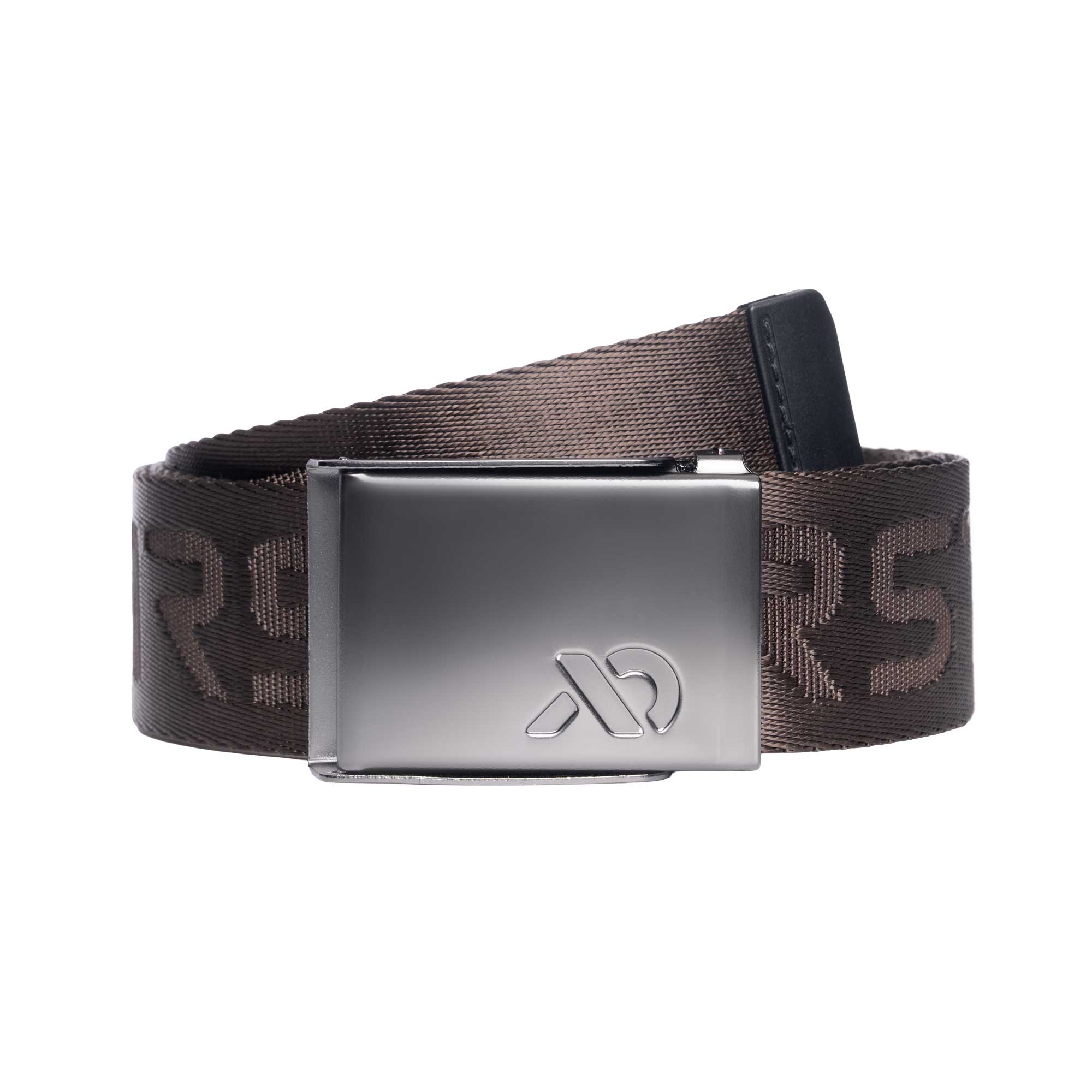 Brown nylon belt with silver buckle with the First Lite logo.