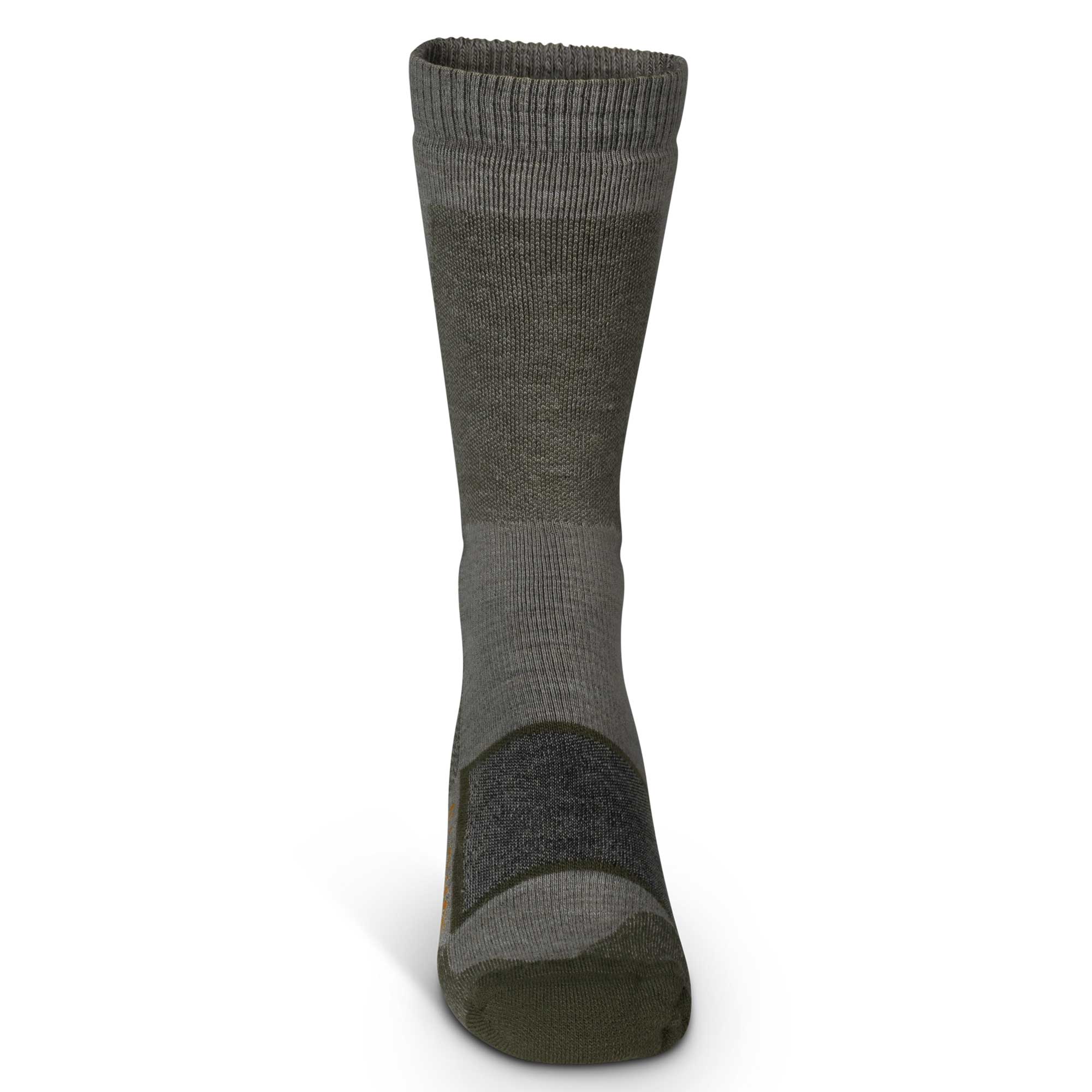 An olive green and dark grey crew sock, featuring a ribbed cuff, textured arch and heel, and a subtle orange stripe on the side.