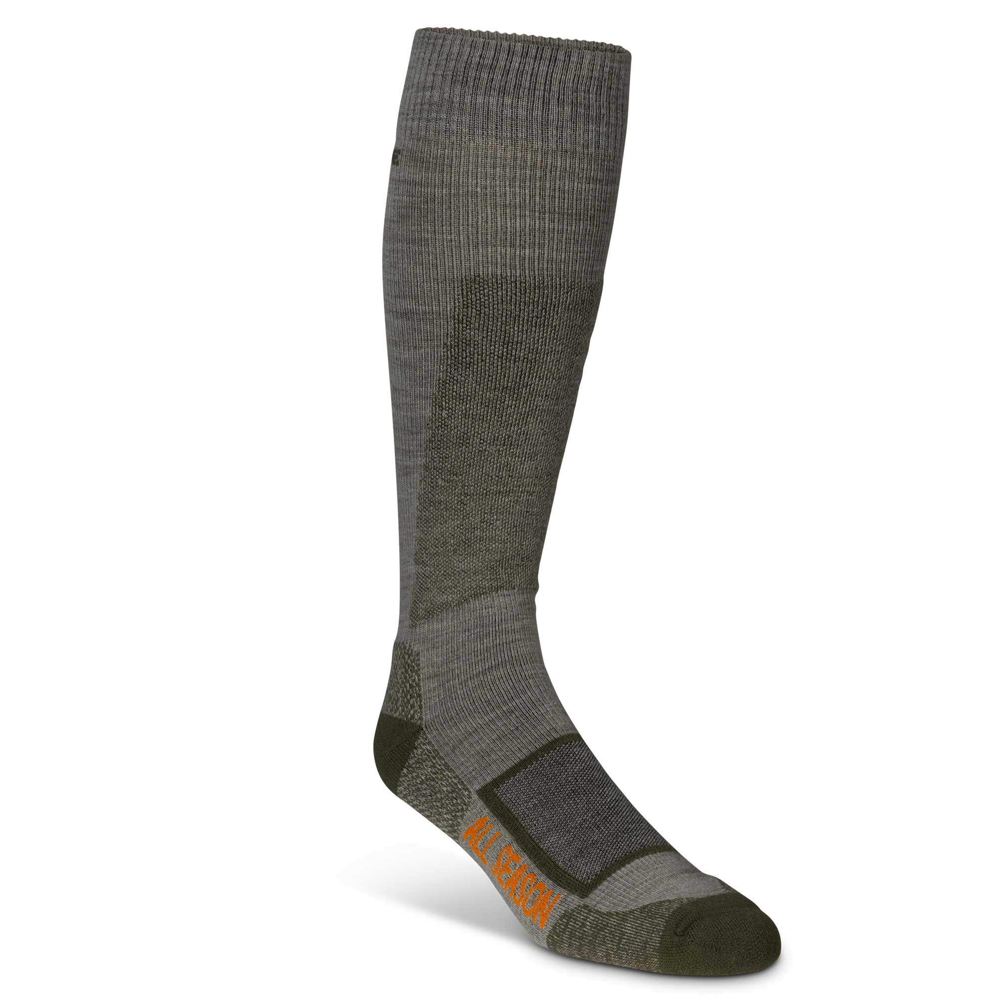 A single olive green and grey knee-high sock with varying knit patterns, featuring darker green accents on the heel and toe, and orange 'ALL SEASON' text on the arch.