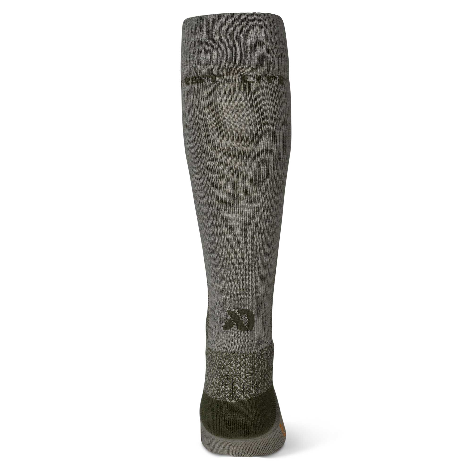 Grey-green knee-high sock with "FIRST LITE" branding and a dark green textured heel.