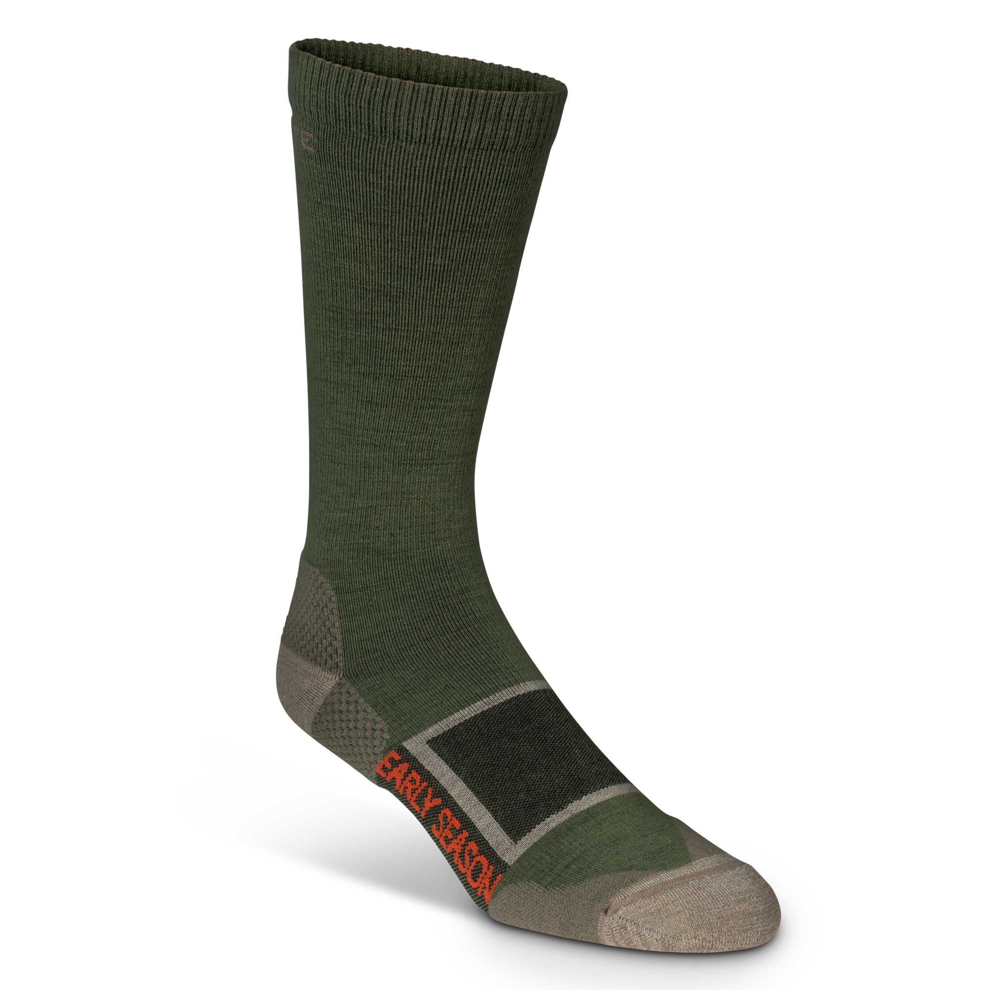 A dark olive green ribbed sock with tan heel and toe, featuring orange "EARLY SEASON" text and a dark gray square design on the foot.