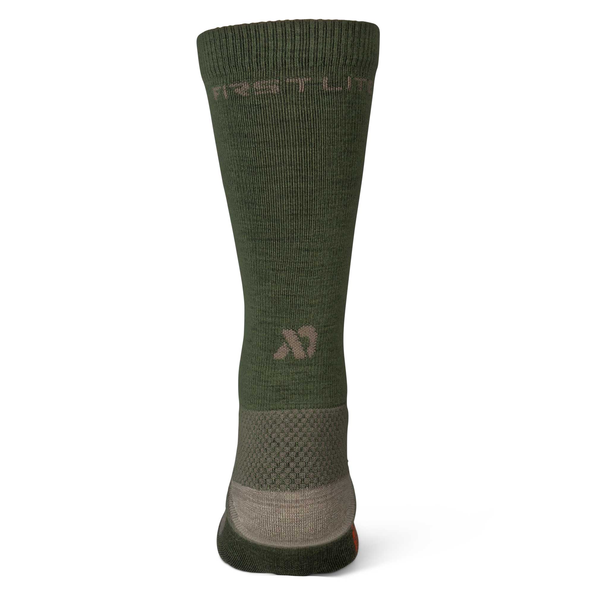 Olive green sock with "FIRST LITE" branding at the cuff, a stylized "M" logo, and a textured tan heel and ankle section.