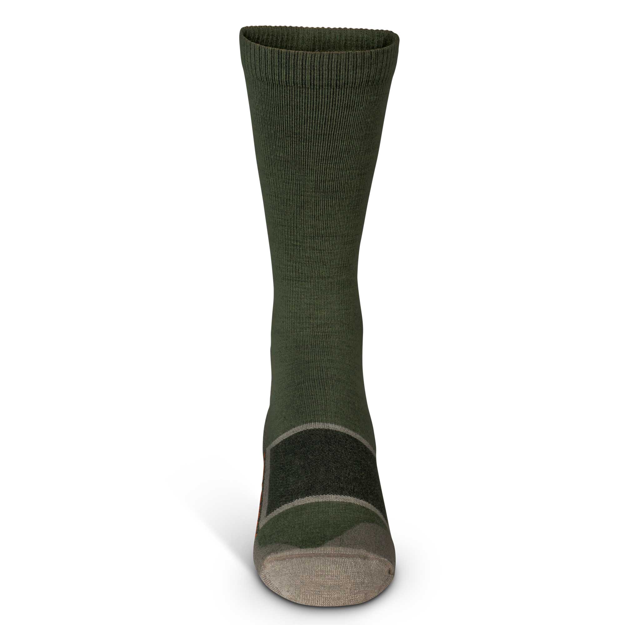 A dark green ribbed crew sock with a multi-toned green and tan pattern on the foot and toe.