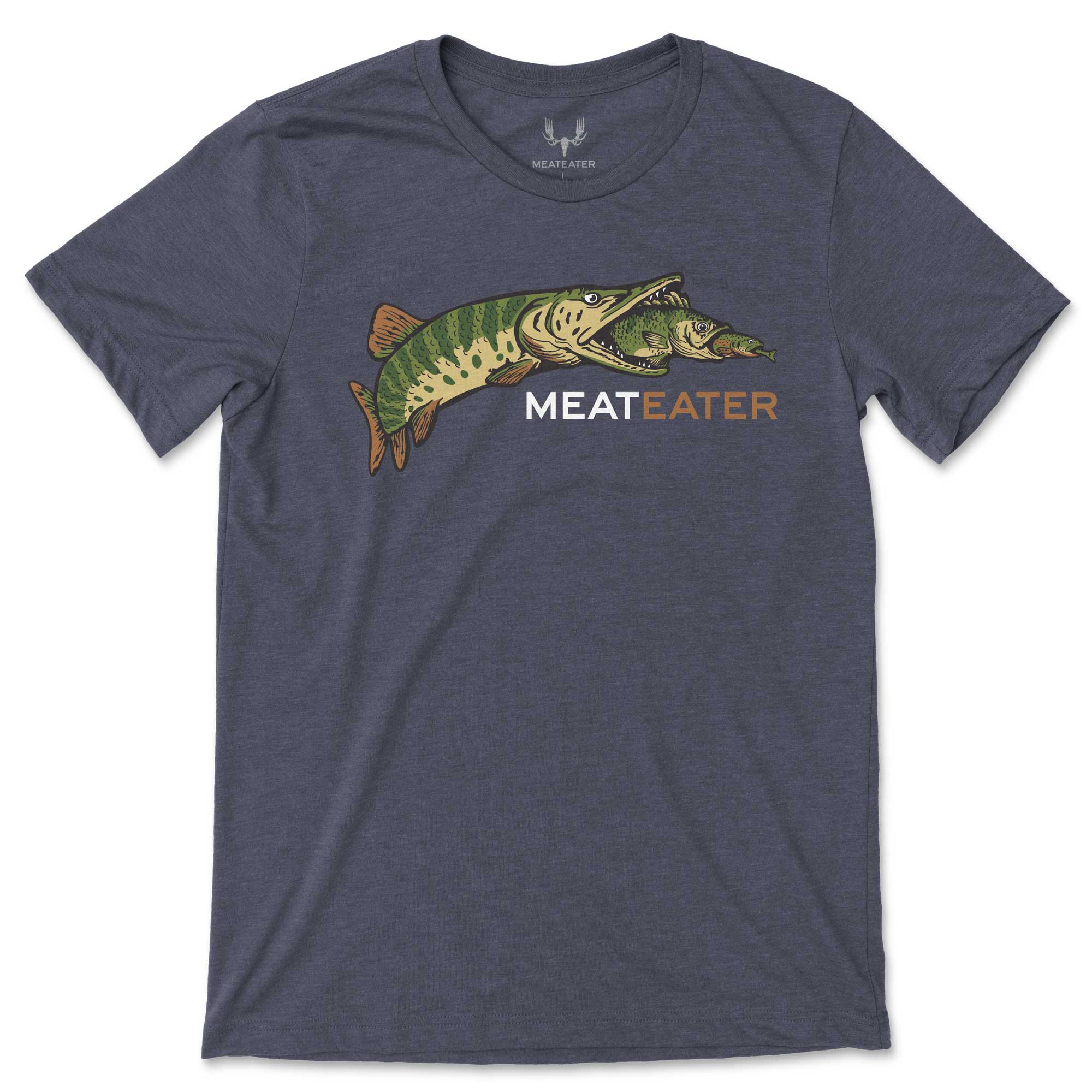 Navy t-shirt with chain of freshwater fish eating each other, and text saying "MeatEater"