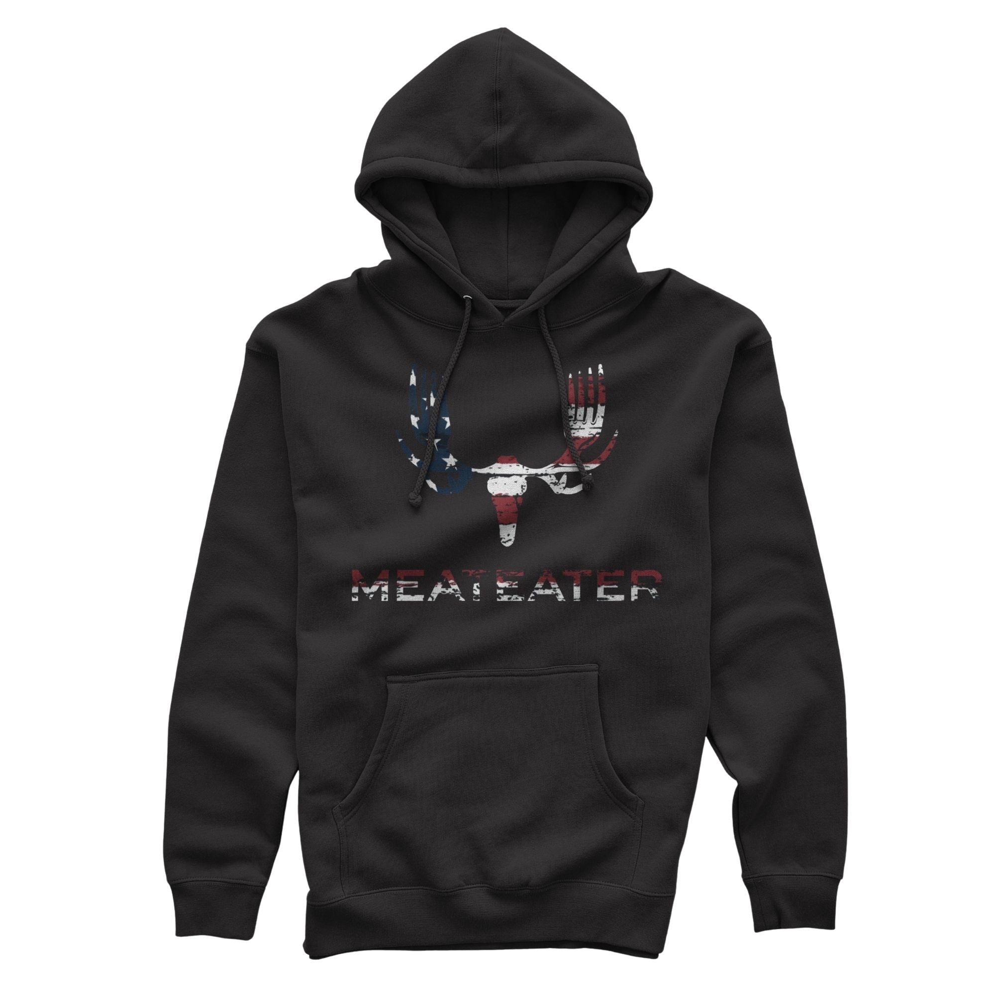 Black hoodie with distressed American flag deer skull graphic & MEATEATER text.
