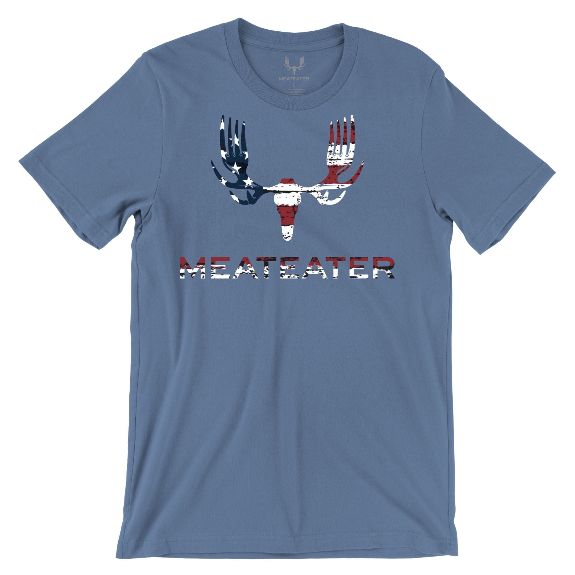 Slate t-shirt with American flag antler-utensil graphic and "MEATEATER" text.