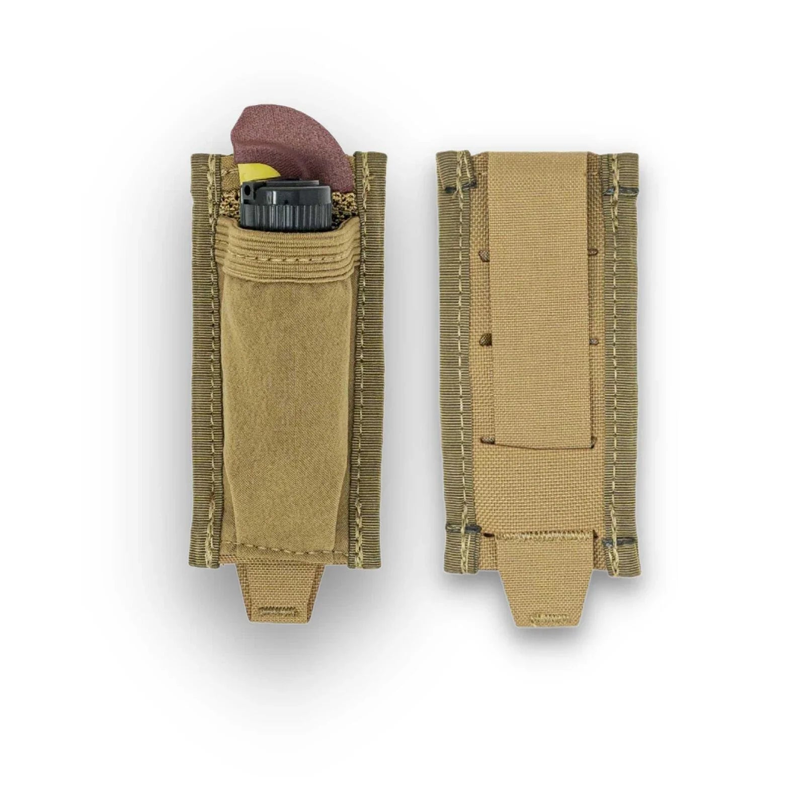 Coyote tan tourniquet pouch set: one with a tourniquet, one showing its MOLLE back.