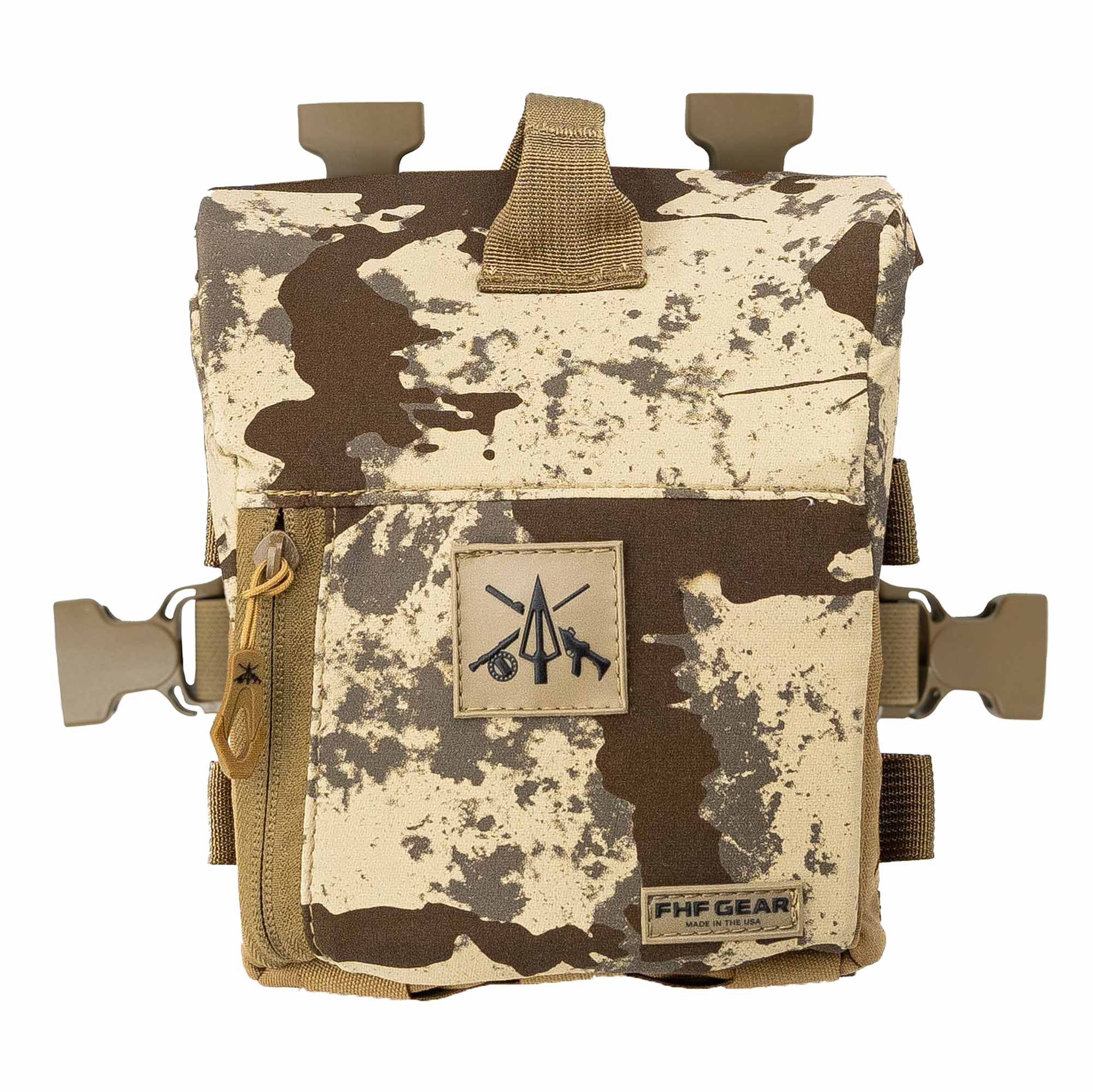 Tan/brown camo tactical pouch with front zipper, spearhead logo patch, and attachment points.