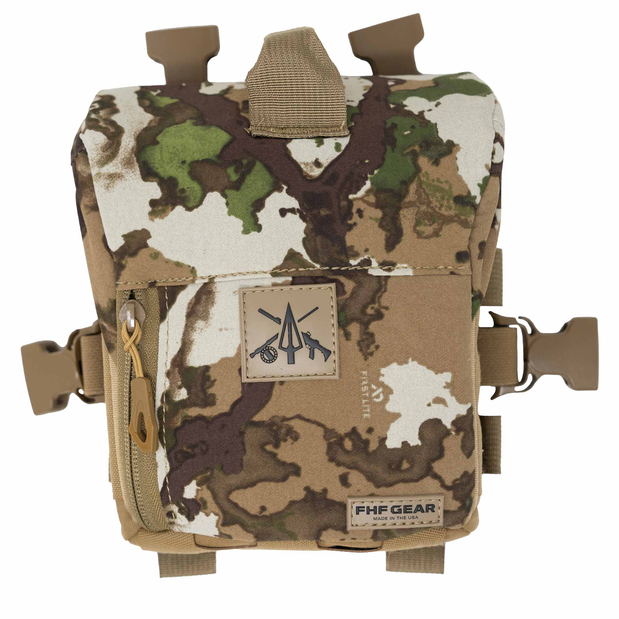 FHF Gear binocular harness pouch in First Lite Fusion camo with zipper and buckles.