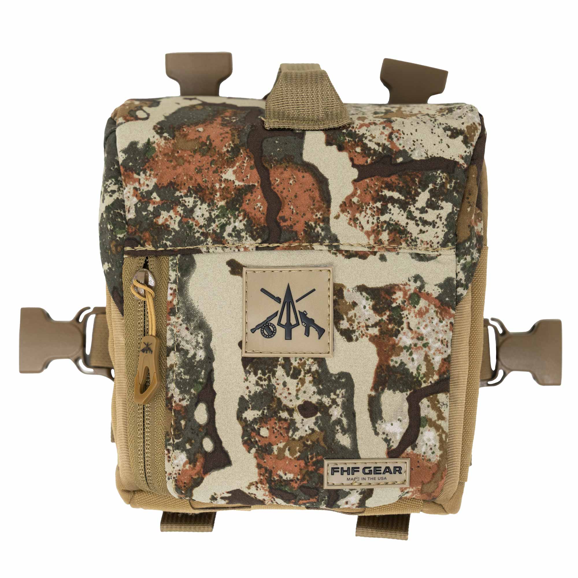 Camo gear pouch with front zipper, tan buckles, top carry loop, and FHF GEAR logo patch.