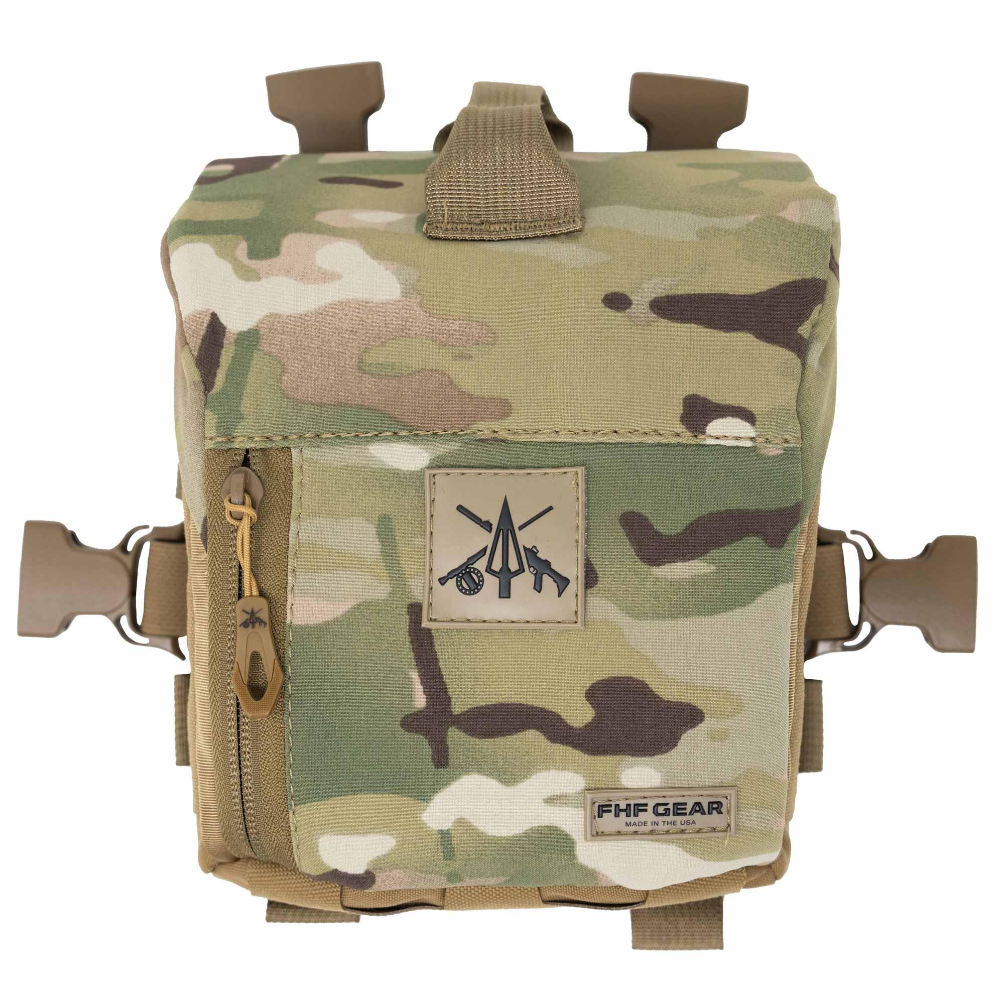 Multicam camo pouch with front zipper, FHF Gear logo patch, and side buckles.