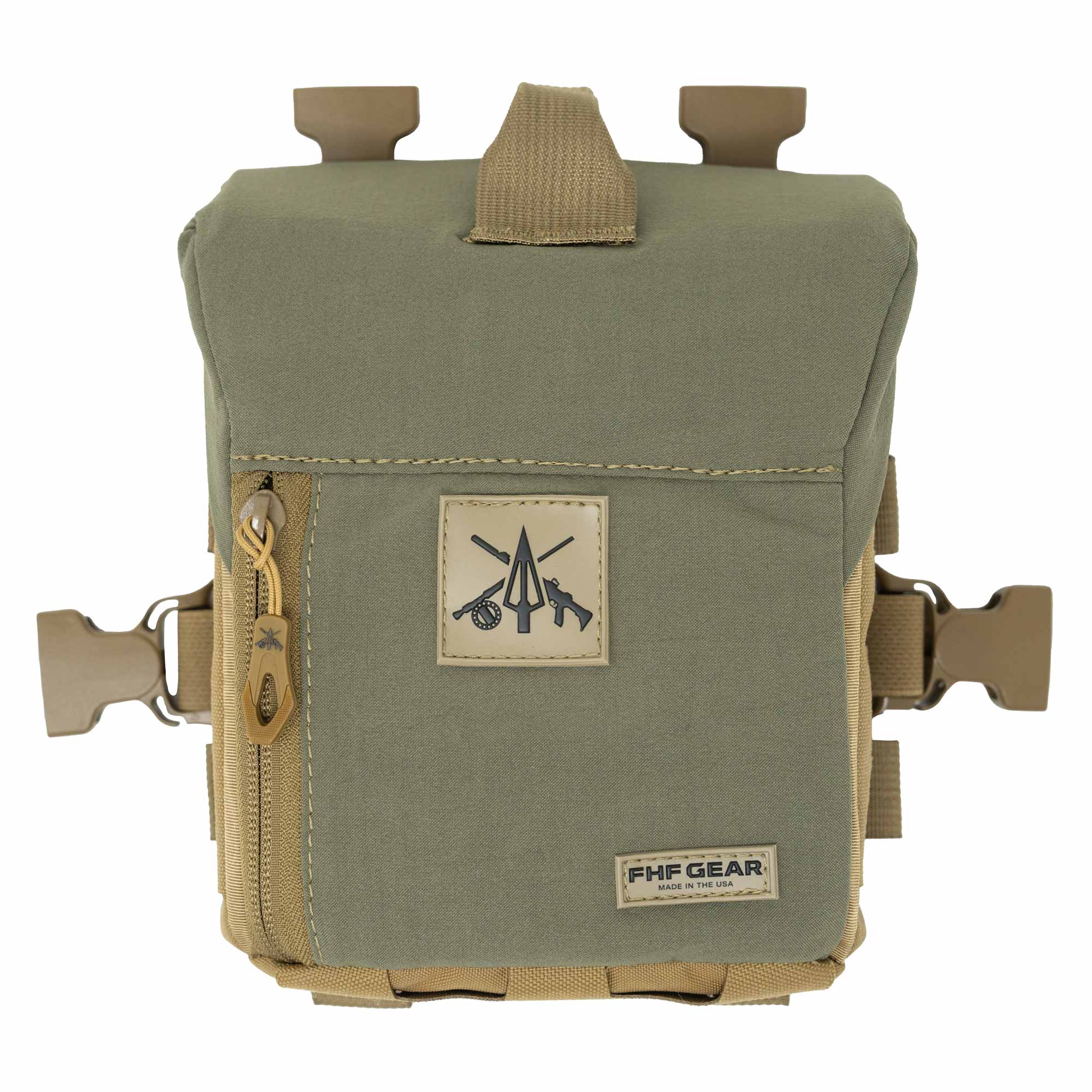 Olive green FHF Gear binocular harness with tan zippered pocket, logo patch, and buckles.