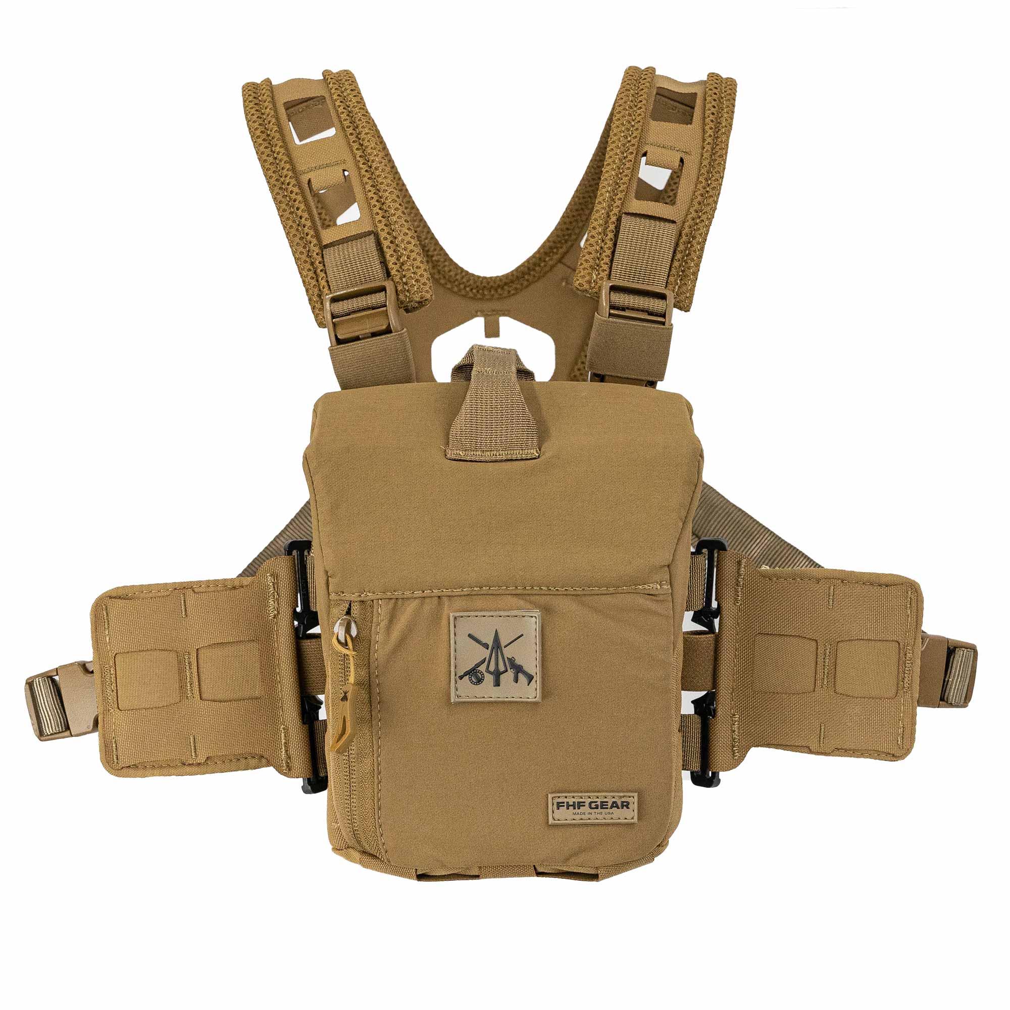 Tan binocular harness with large zip pouch, padded mesh straps, and side MOLLE panels.