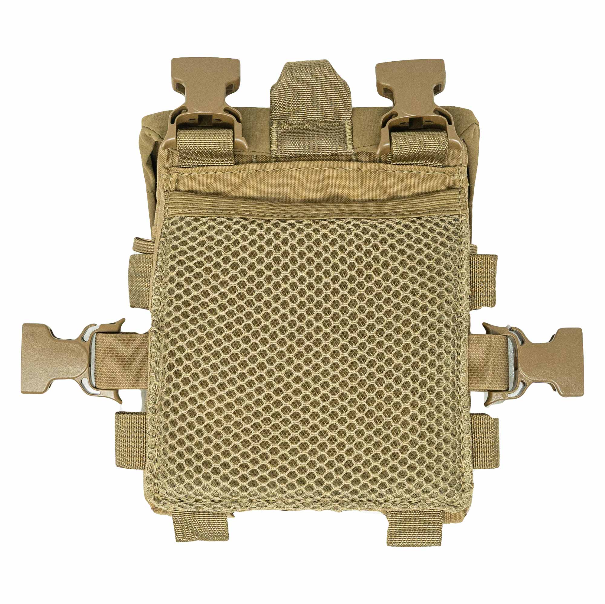 Tan tactical panel with front mesh pocket and four quick-release buckles.