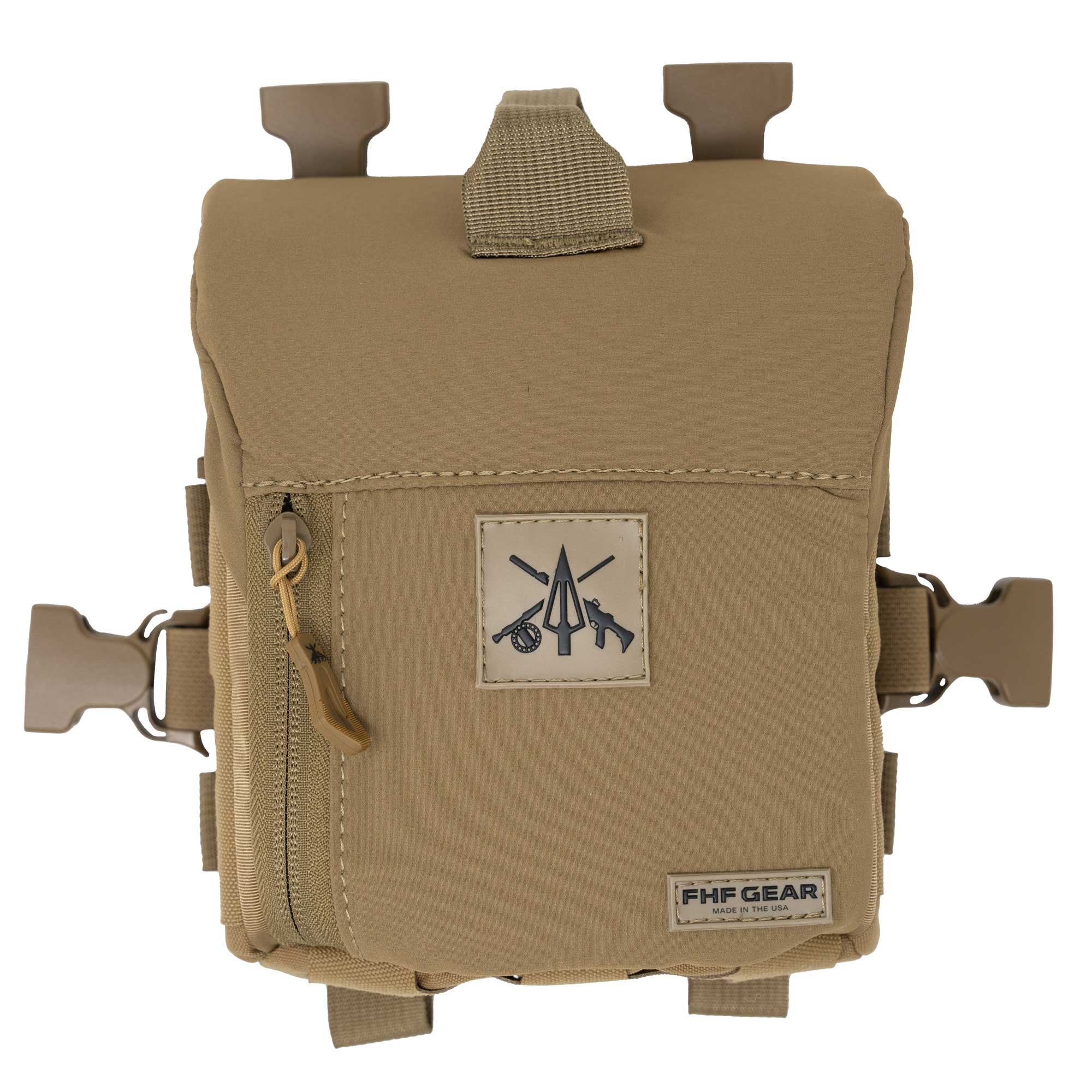 Coyote tactical pouch with front zipper, side buckles, top tabs, and FHF GEAR logo.