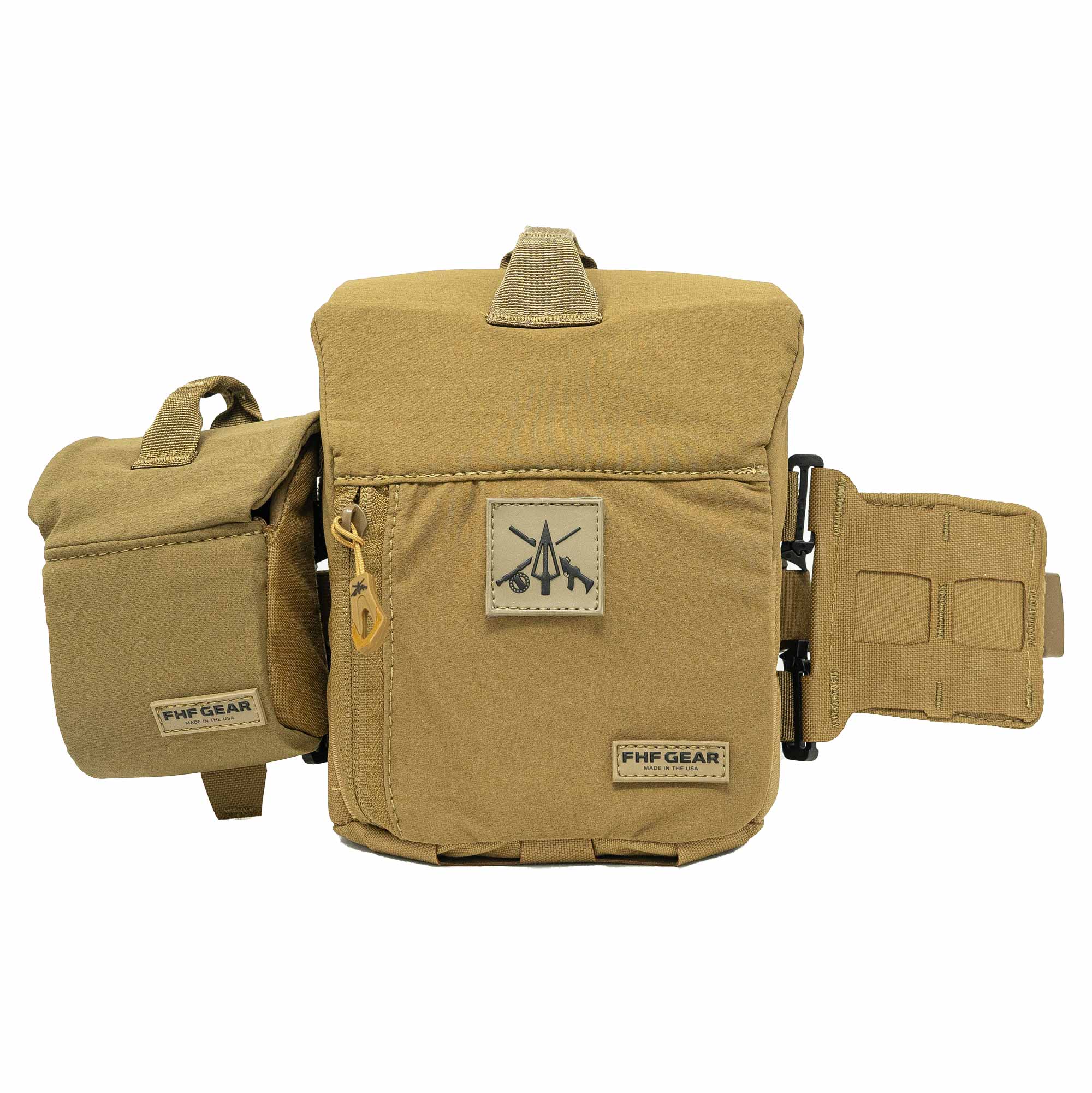 FHF Gear tan tactical chest pouch with attached side pocket, front zipper, and emblem.