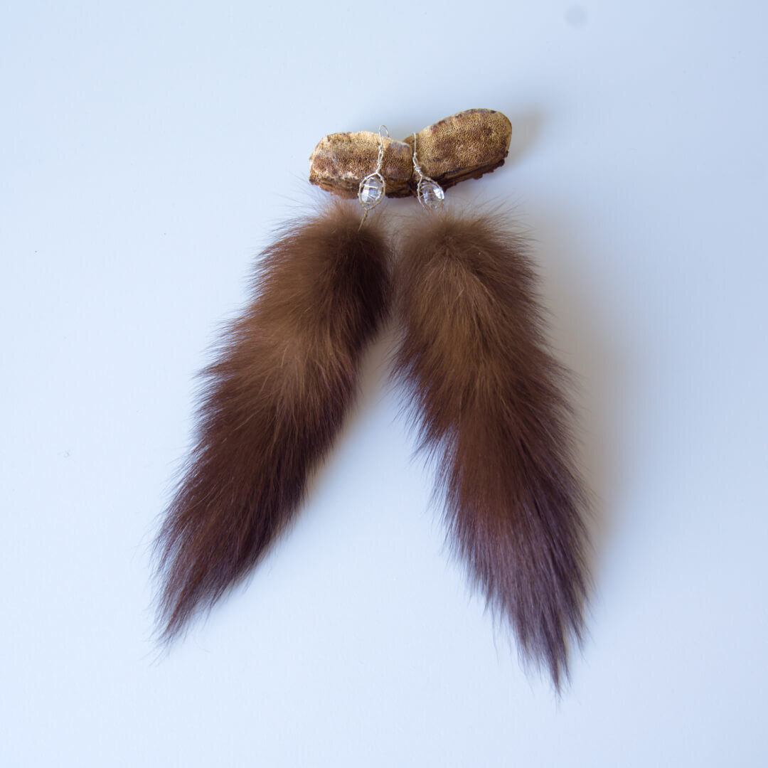Dark brown fur drop earrings with clear crystal and silver wire hooks.
