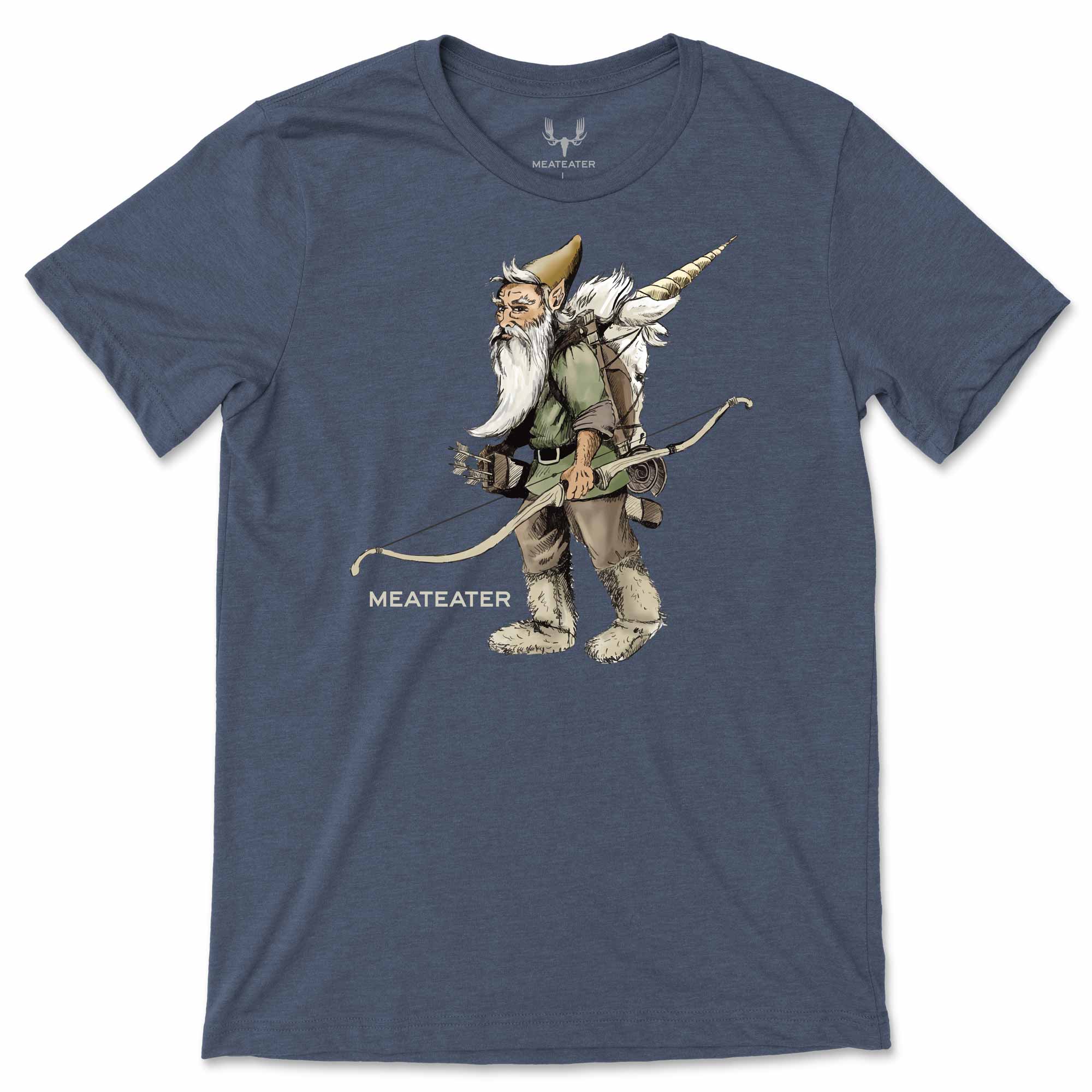 Blue t-shirt with a graphic of a gnome archer and 'Meateater' branding on a white background.