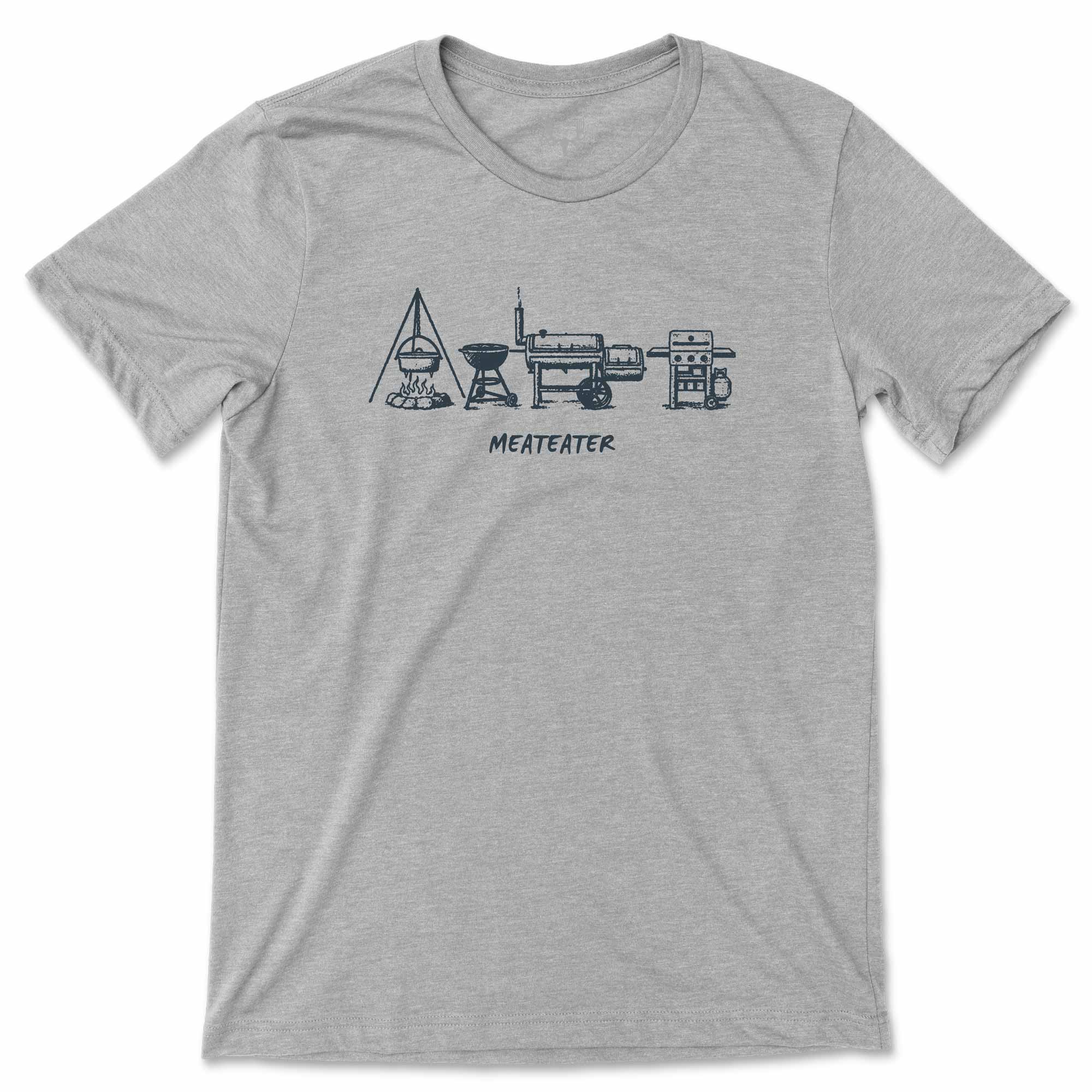 Gray t-shirt with black grill graphic design on a white background