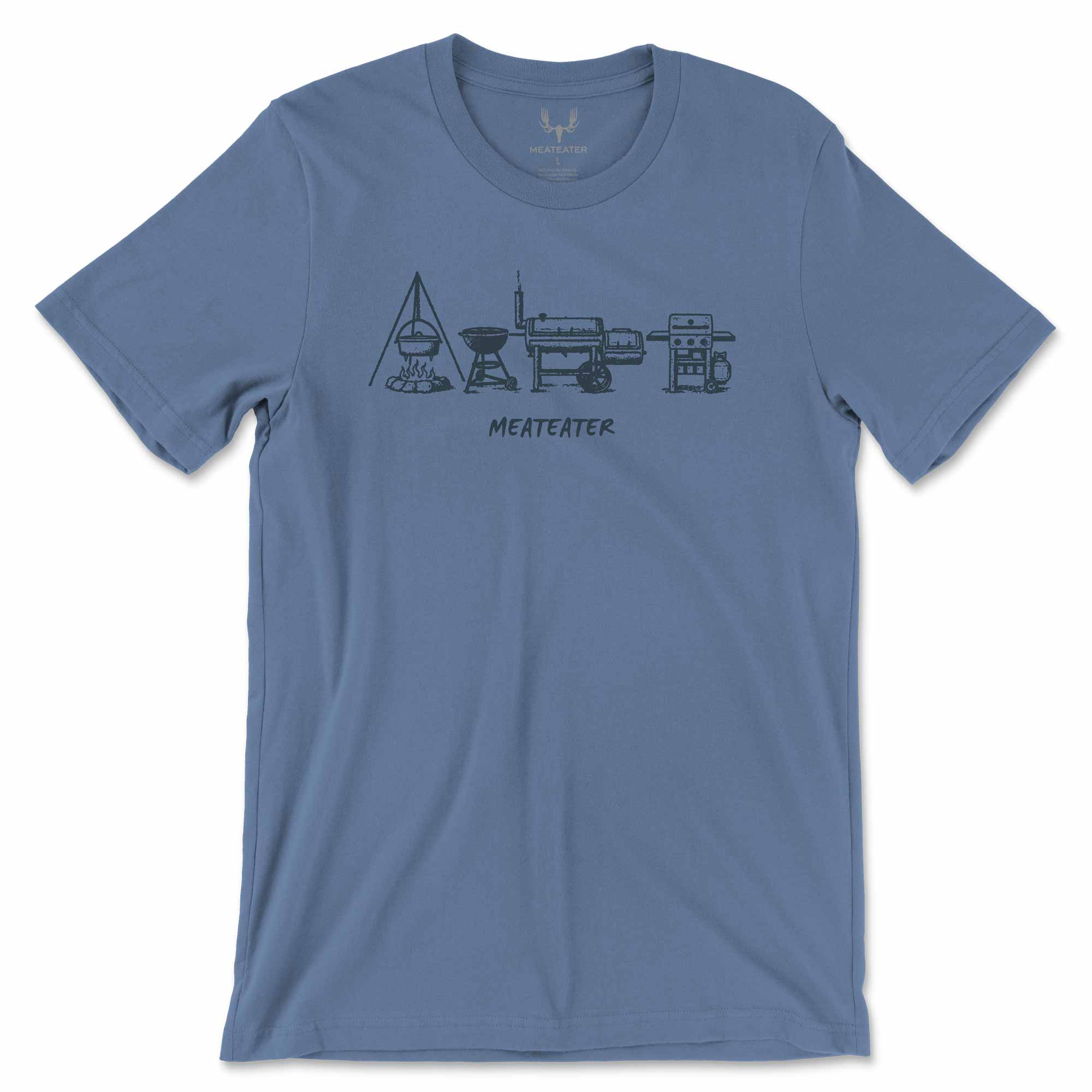 Blue t-shirt with a grill graphic on a white background