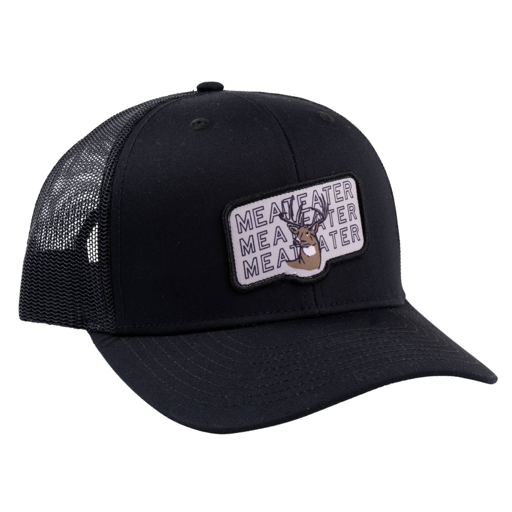 Black cap with a patch featuring three times 'MEATEATER' text and a deer in the center.