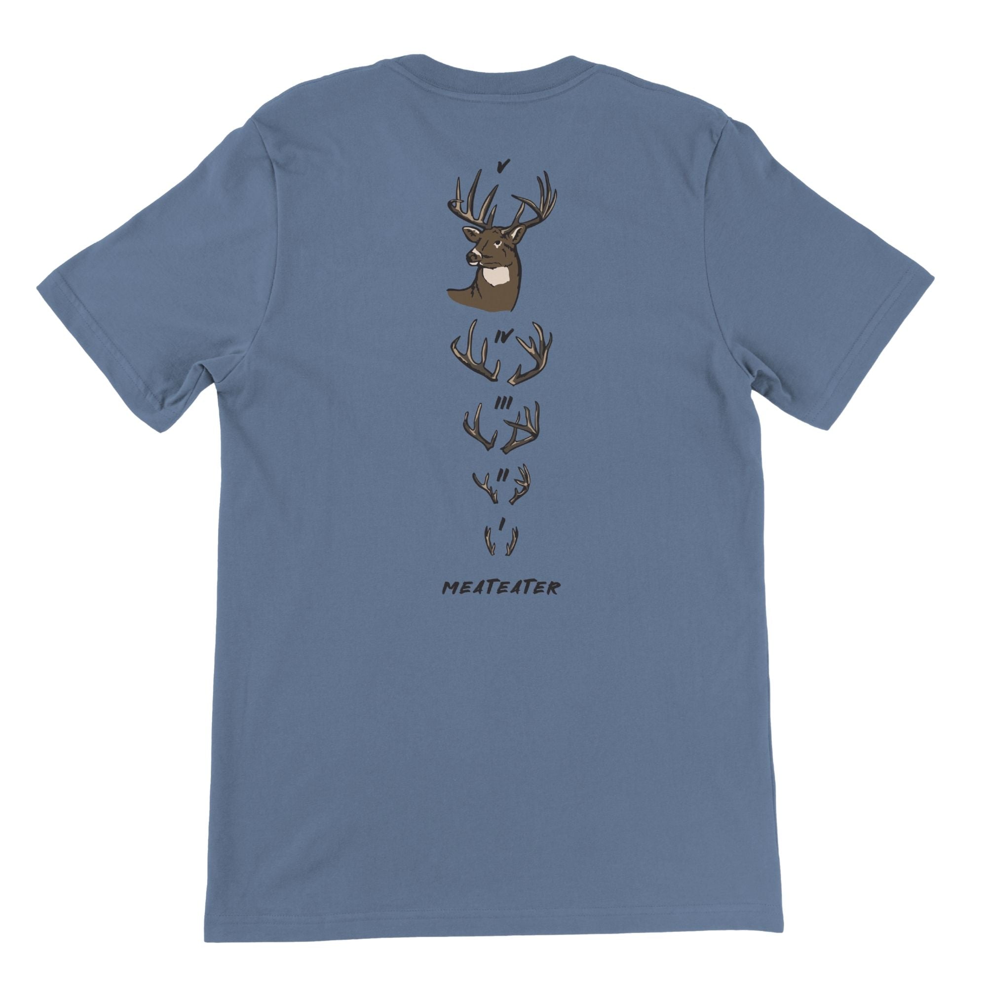 Blue slate T-shirt with a deer head on top and 4 pairs of antlers below with MEATEATER at the bottom.