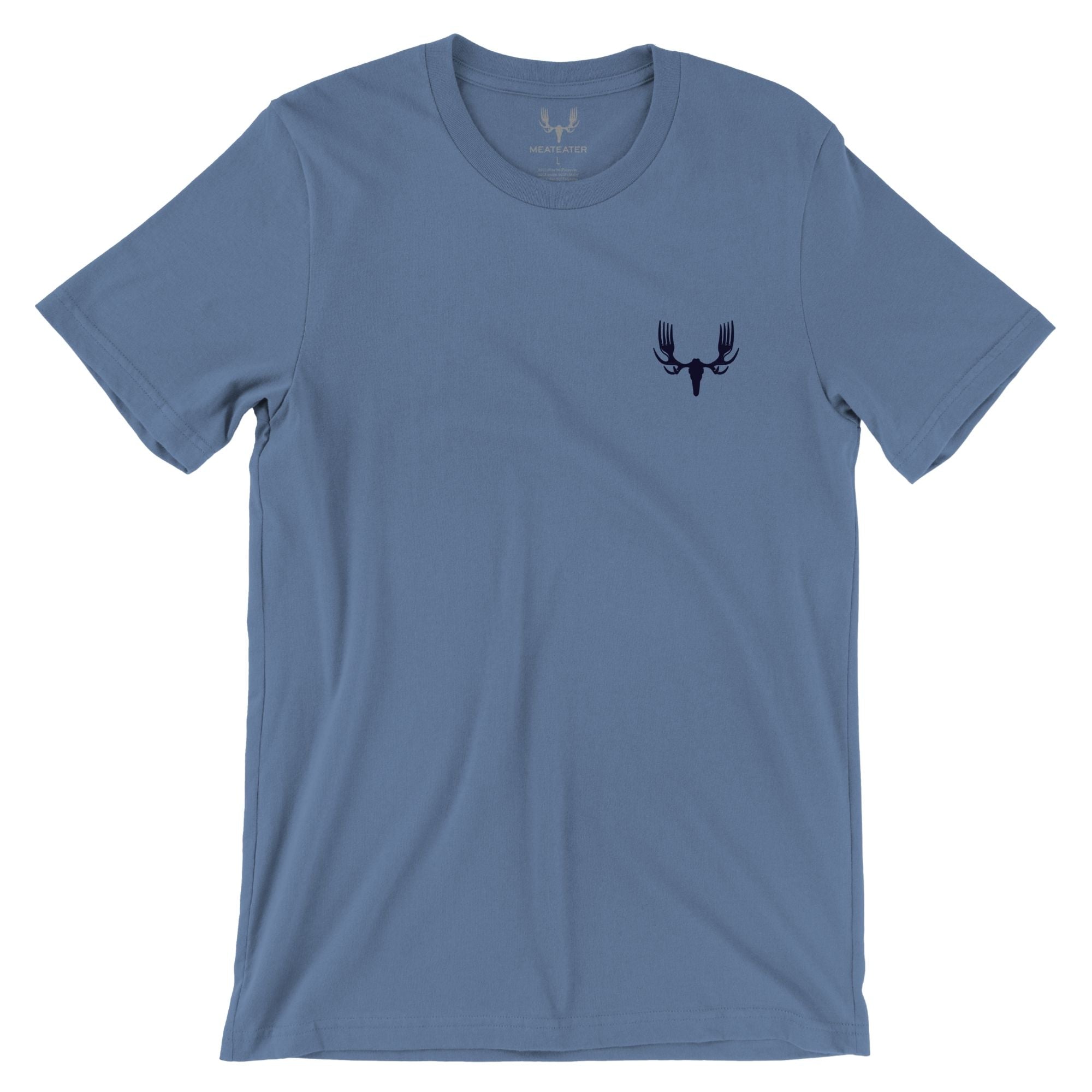 Blue slate T-shirt with black MEATEATER logo in the left chest.