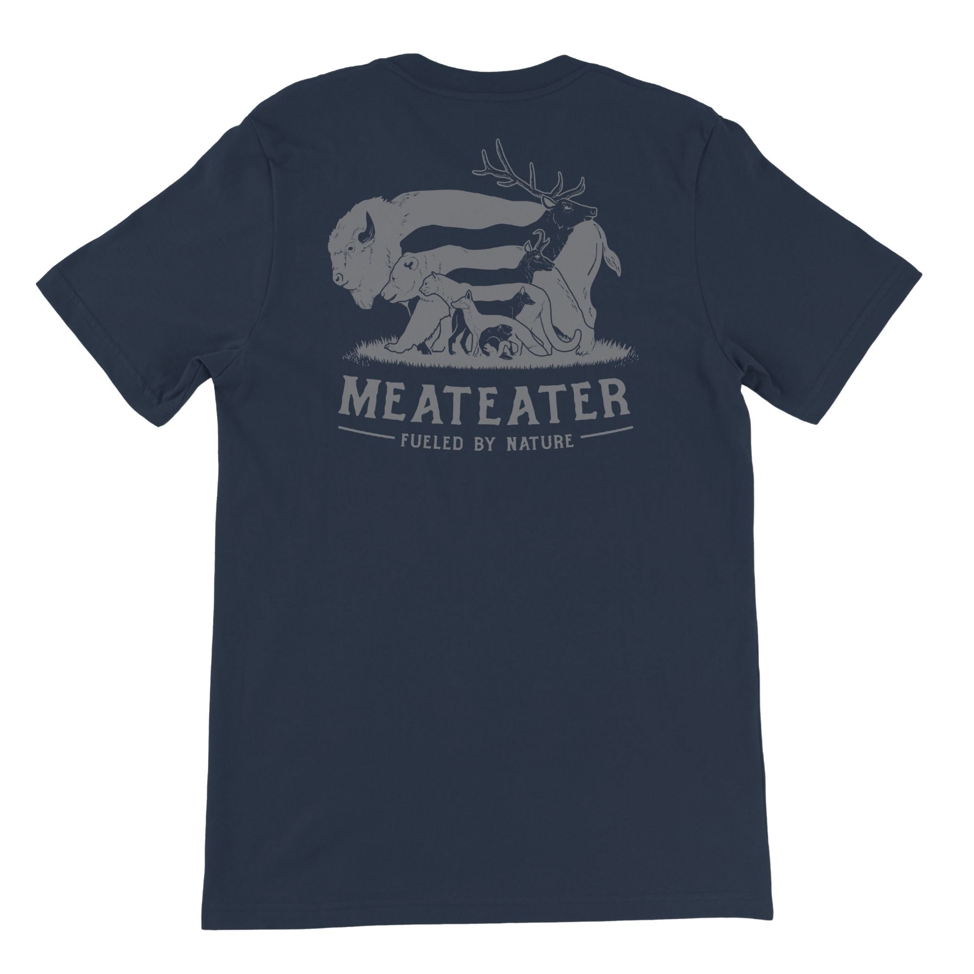 Navy blue t-shirt with grey 'MEATEATER' graphic: bison, deer, bear, fox, badger.