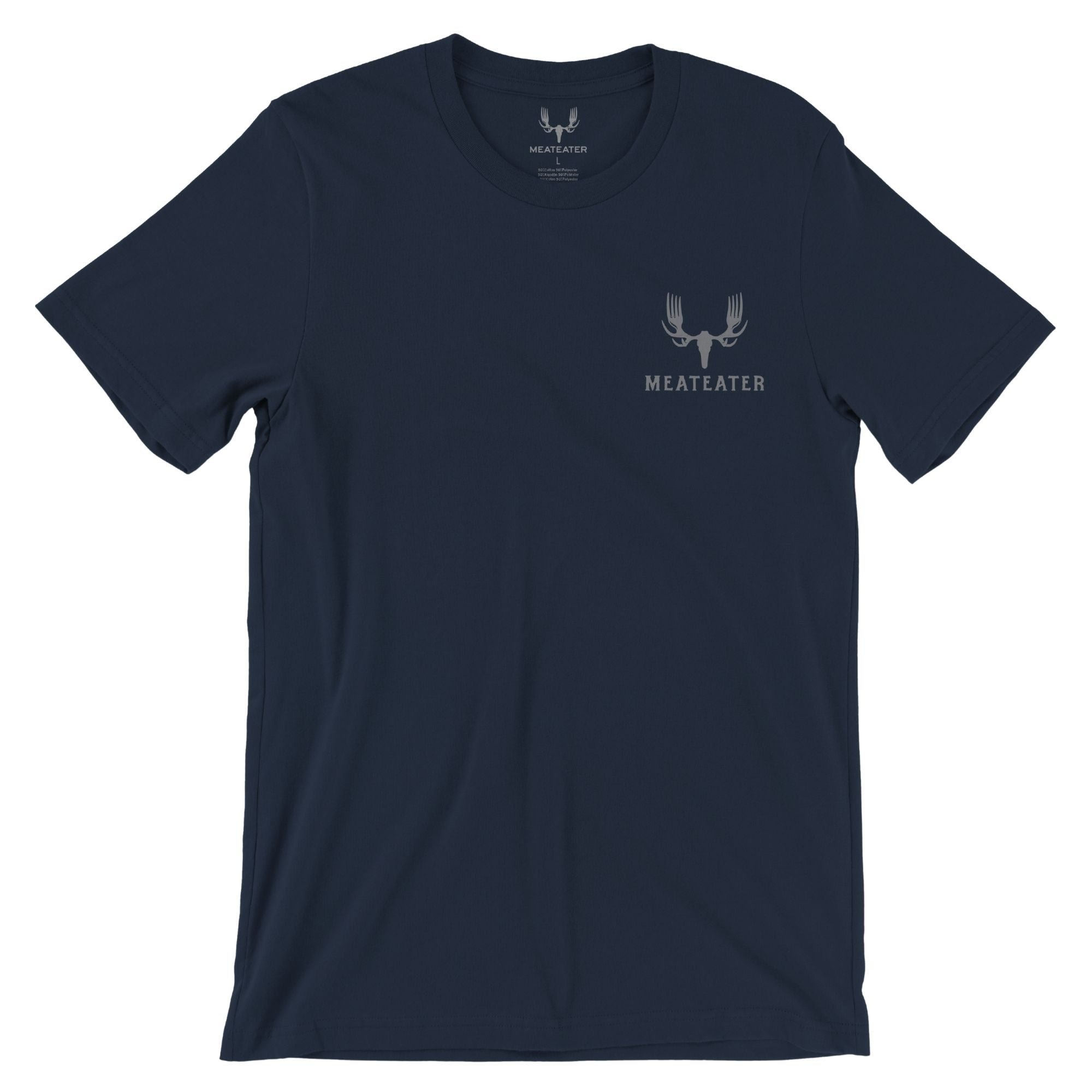 Navy blue t-shirt with grey Meateater antler-fork logo on left chest.