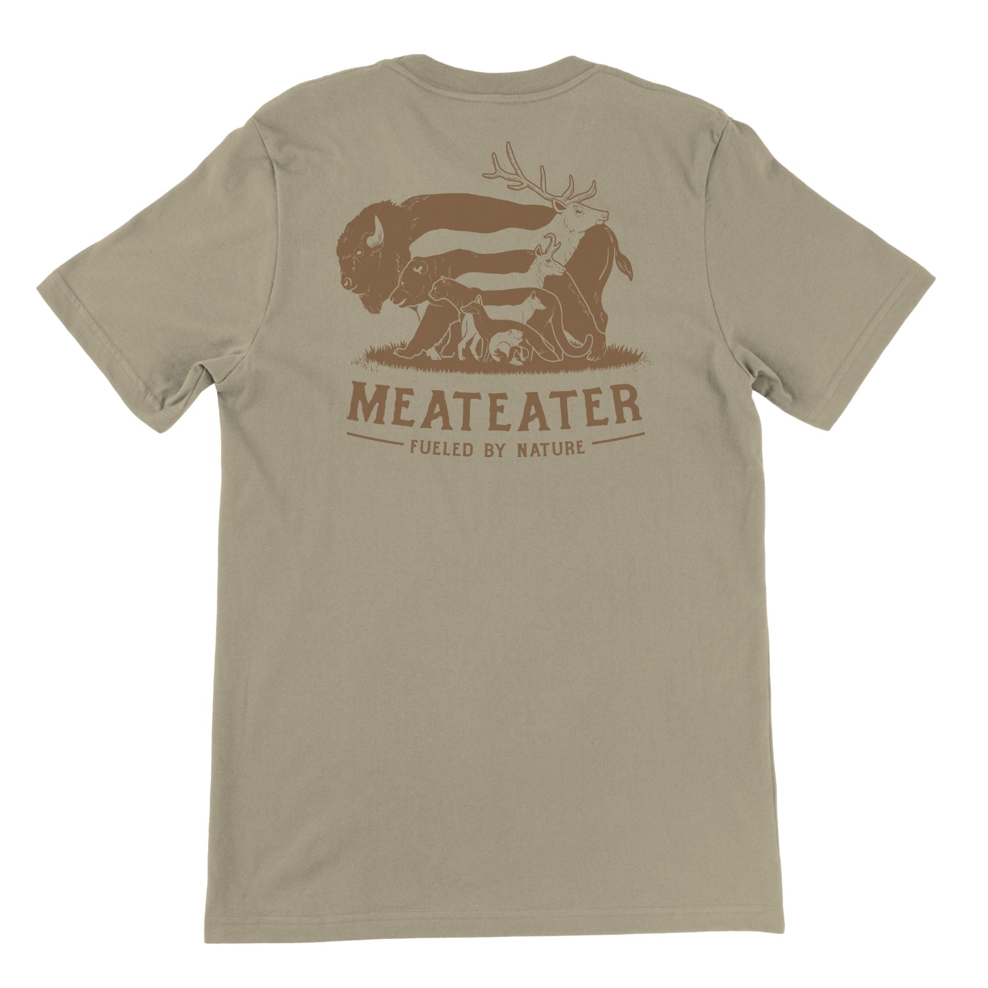 Sandstone t-shirt with brown 'MEATEATER' graphic: bison, deer, bear, fox, badger.