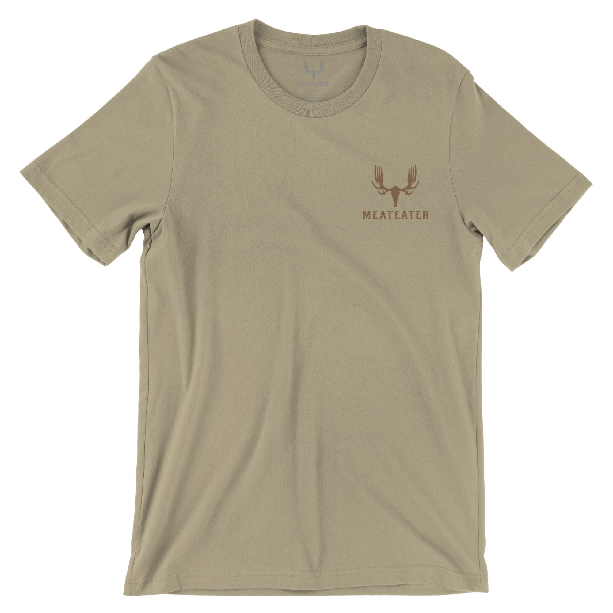 Sandstone t-shirt with brown Meateater antler-fork logo on left chest.