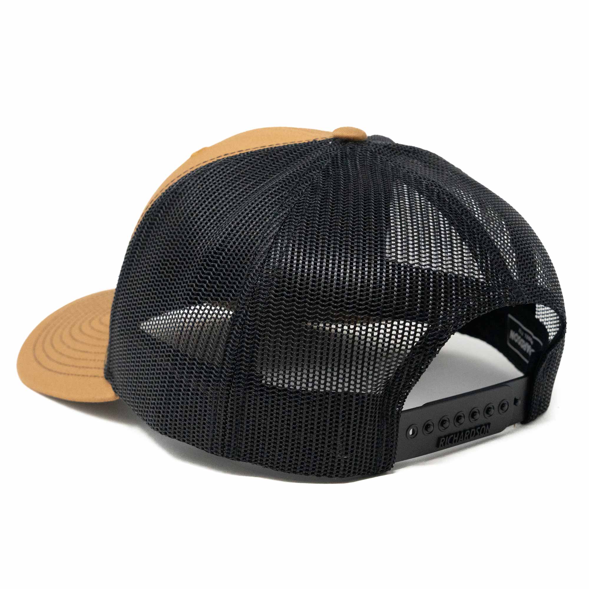 Black mesh cap with brown visor on a white background
