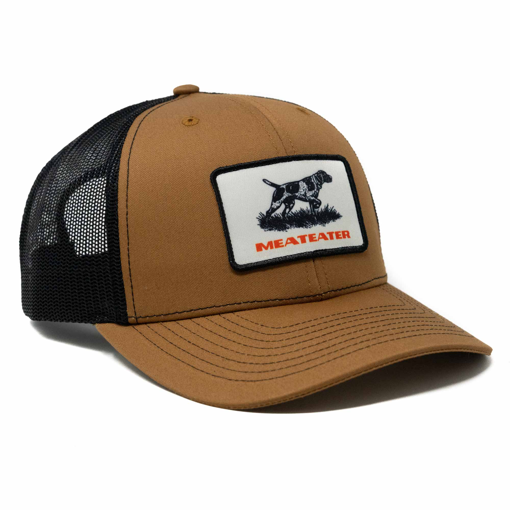 Brown cap with black mesh back and Meateater logo on a white background