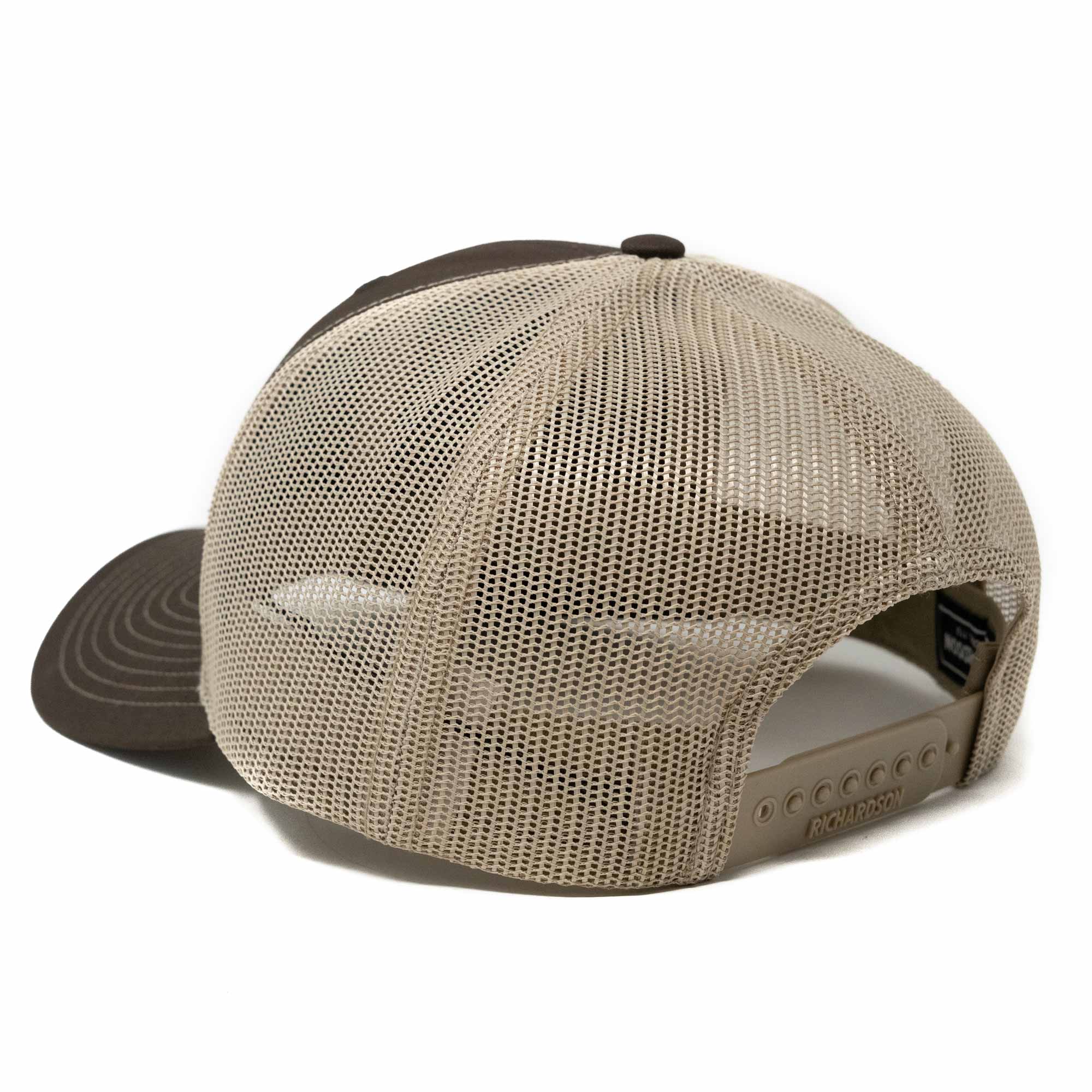 Beige mesh cap with brown visor on a white background