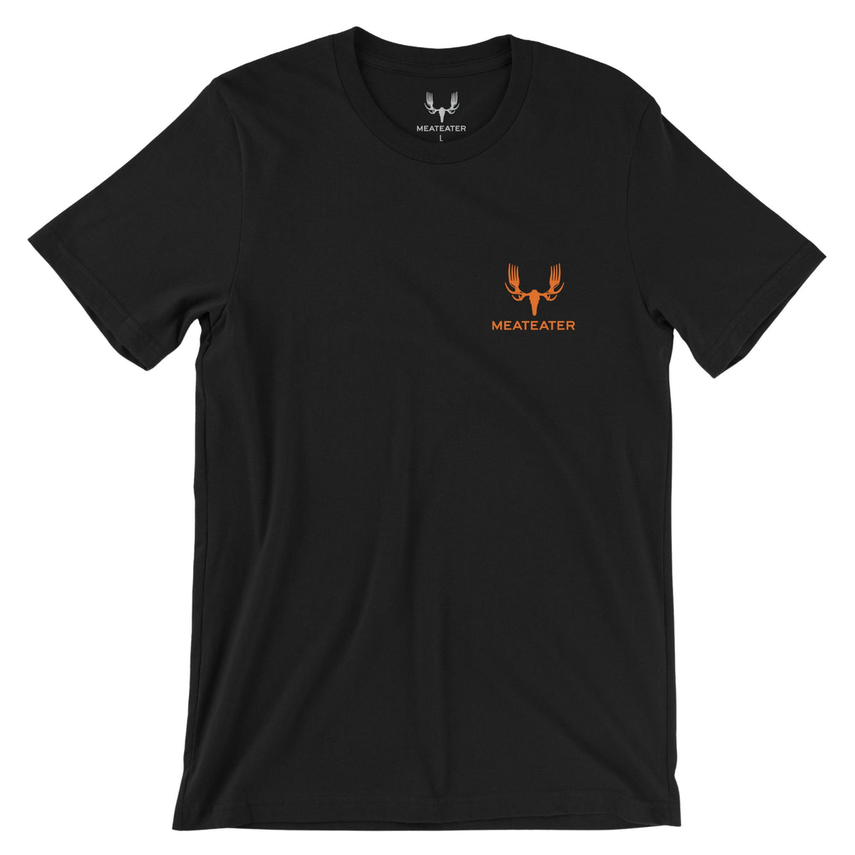 Black T-shirt featuring in orange the MeatEater logo and the text "MEATEATER" beneath in the left chest.