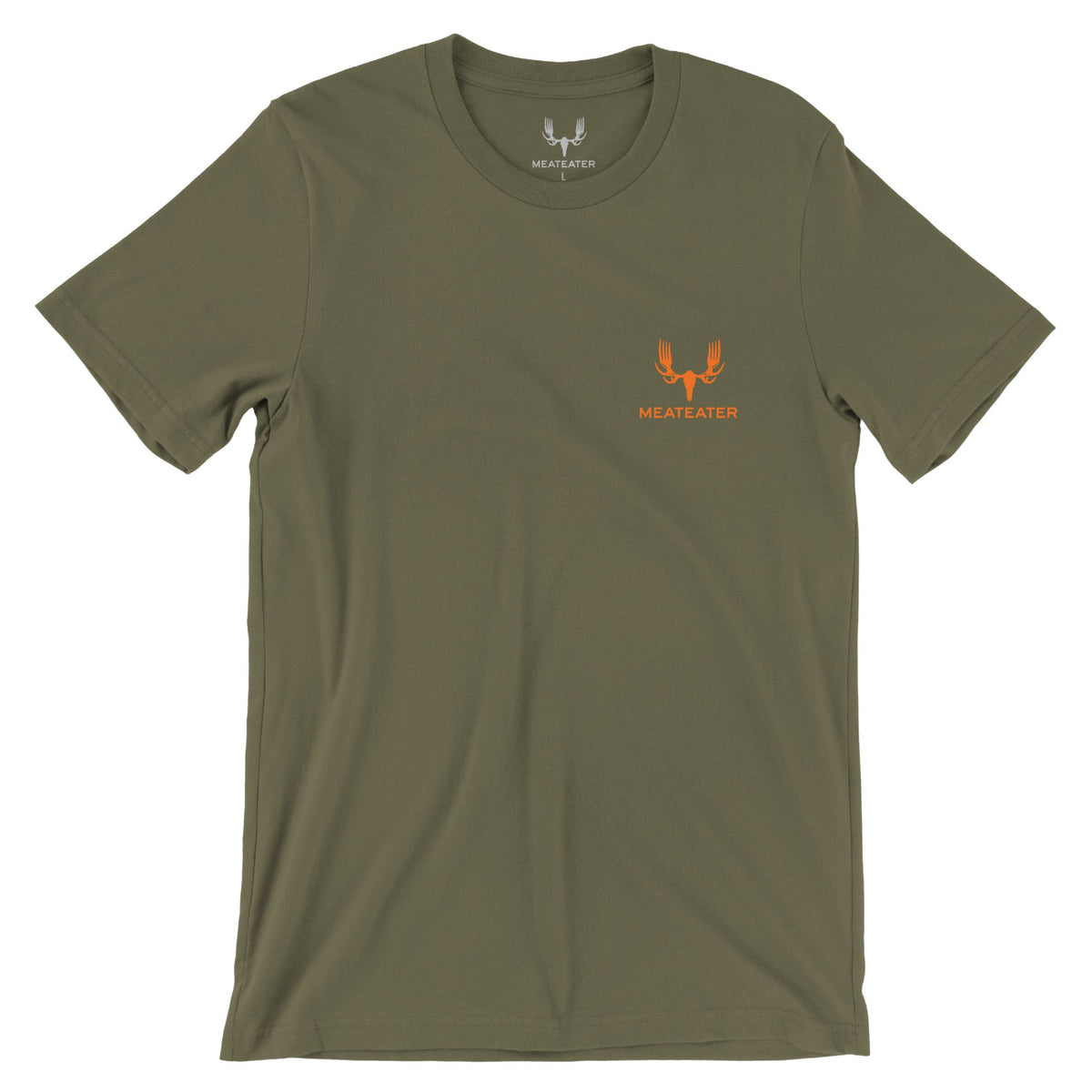 Military green T-shirt featuring in orange the MeatEater logo and the text "MEATEATER" beneath in the left chest.
